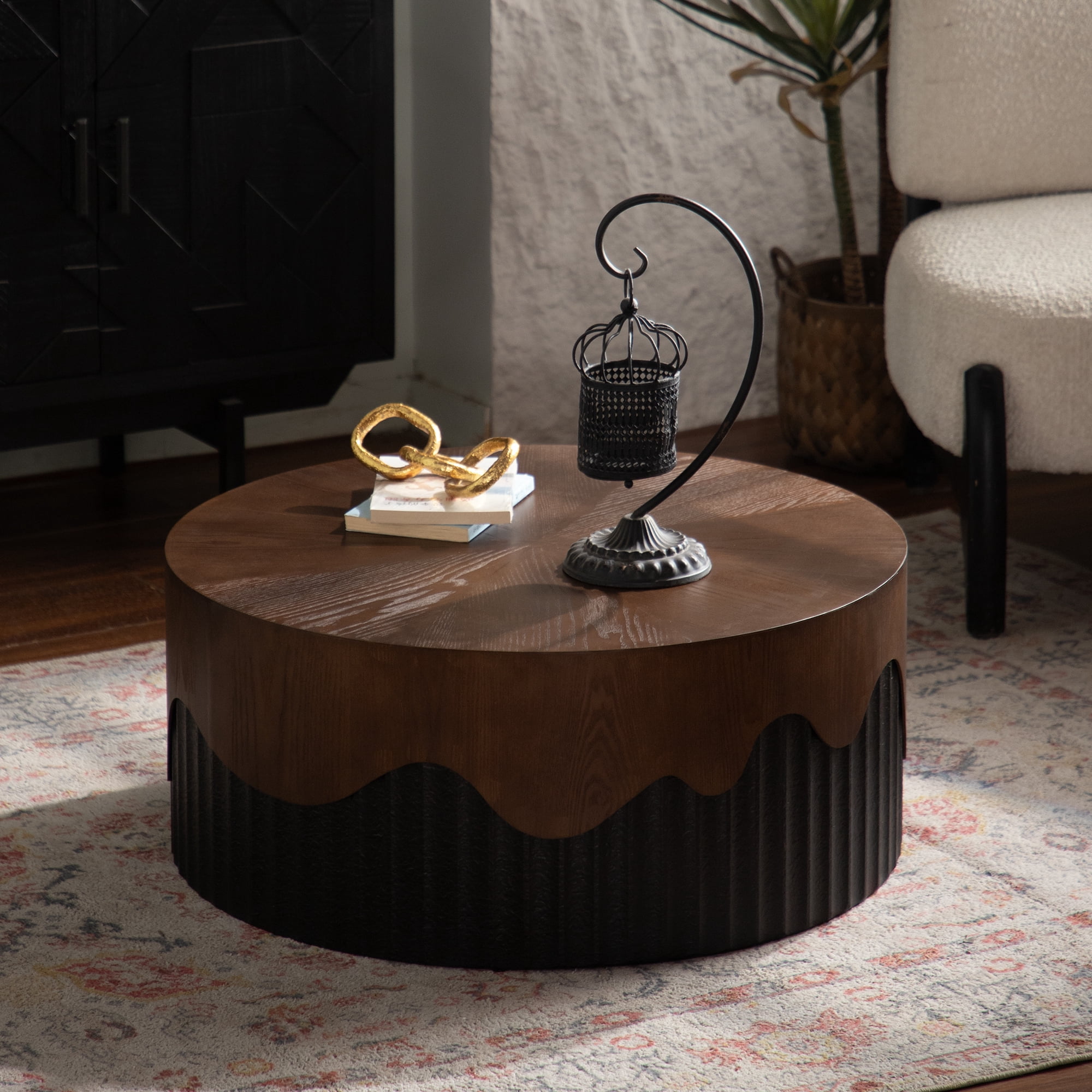 Leumius 30.31" Round Coffee Table Handcrafted Relief Sturdy Pedestal Wooden Tea Table for Living Room No Need Assembly Walnut