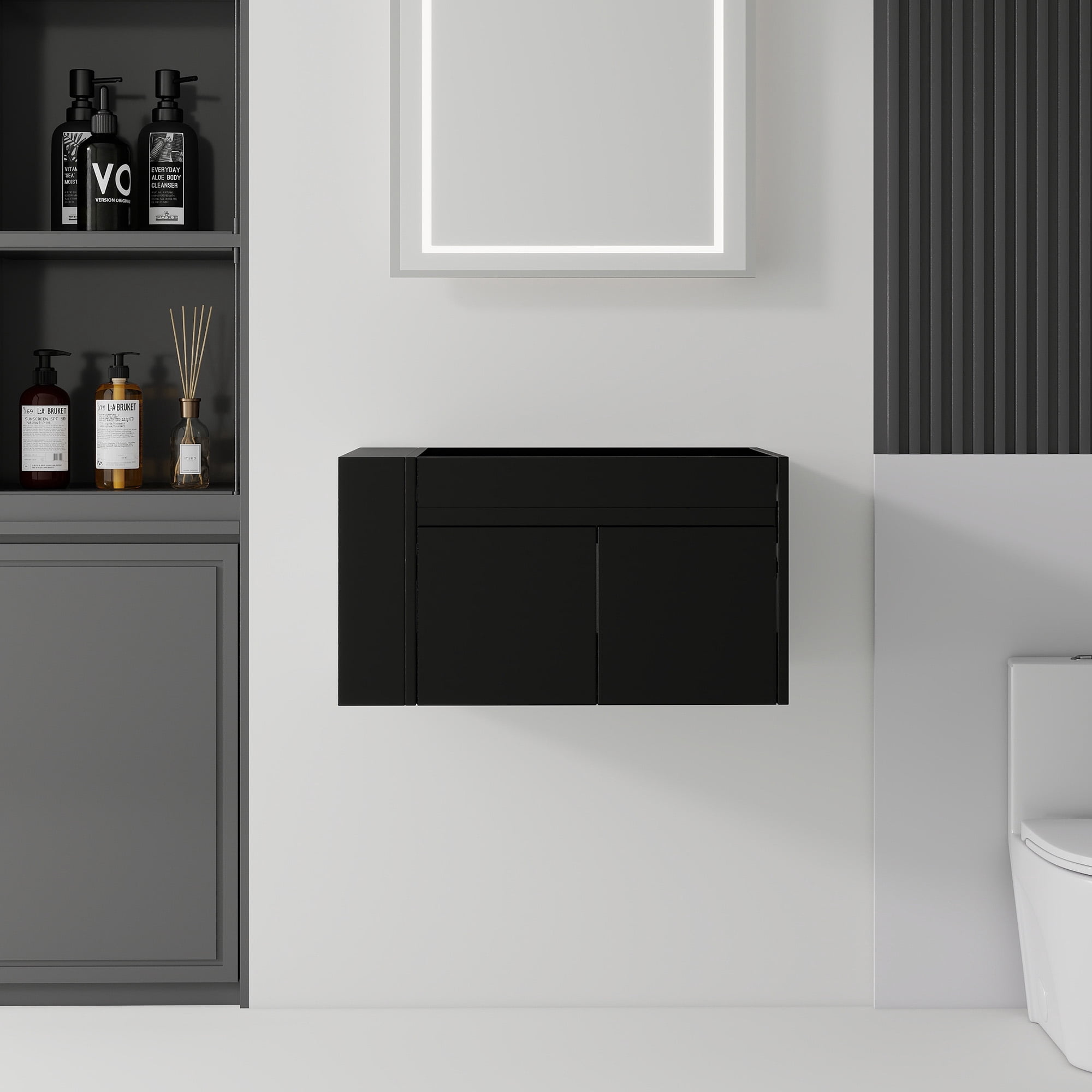 Leumius 30" Floating Bathroom Vanity Cabinet with Open Side Storage Compartment,Soft-Close Double Doors,Wall Mounted Bathroom Cabinet for Small Space,Cabinet Only,Black