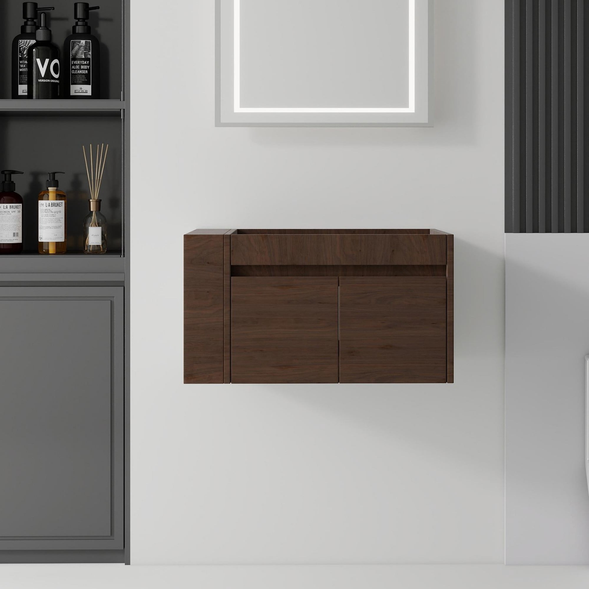 Leumius 30" Floating Bathroom Vanity Cabinet with Open Side Storage Compartment,Soft-Close Double Doors,Wall Mounted Bathroom Cabinet for Small Space,Cabinet Only,Brown