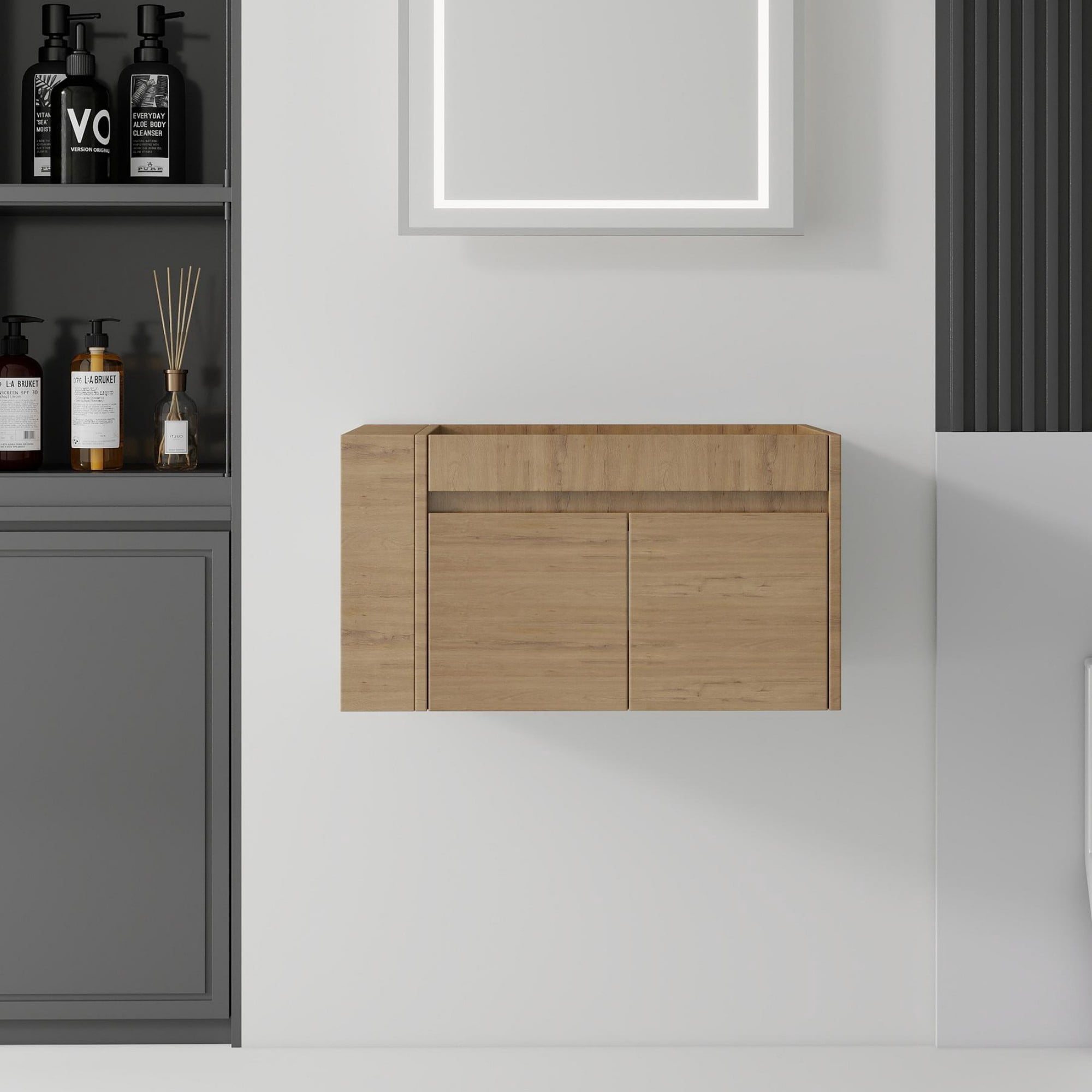 Leumius 30" Floating Bathroom Vanity Cabinet with Open Side Storage Compartment,Soft-Close Double Doors,Wall Mounted Bathroom Cabinet for Small Space,Cabinet Only,Oak