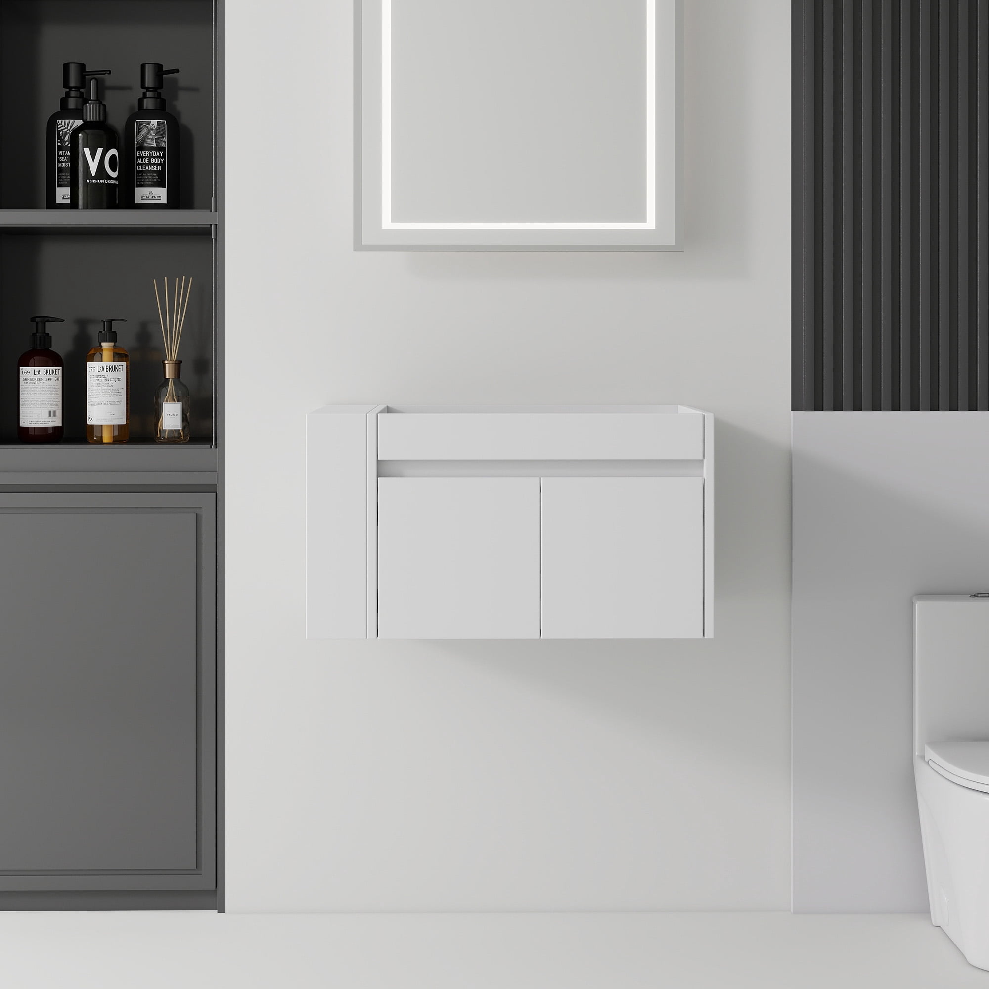 Leumius 30" Floating Bathroom Vanity Cabinet with Open Side Storage Compartment,Soft-Close Double Doors,Wall Mounted Bathroom Cabinet for Small Space,Cabinet Only,White