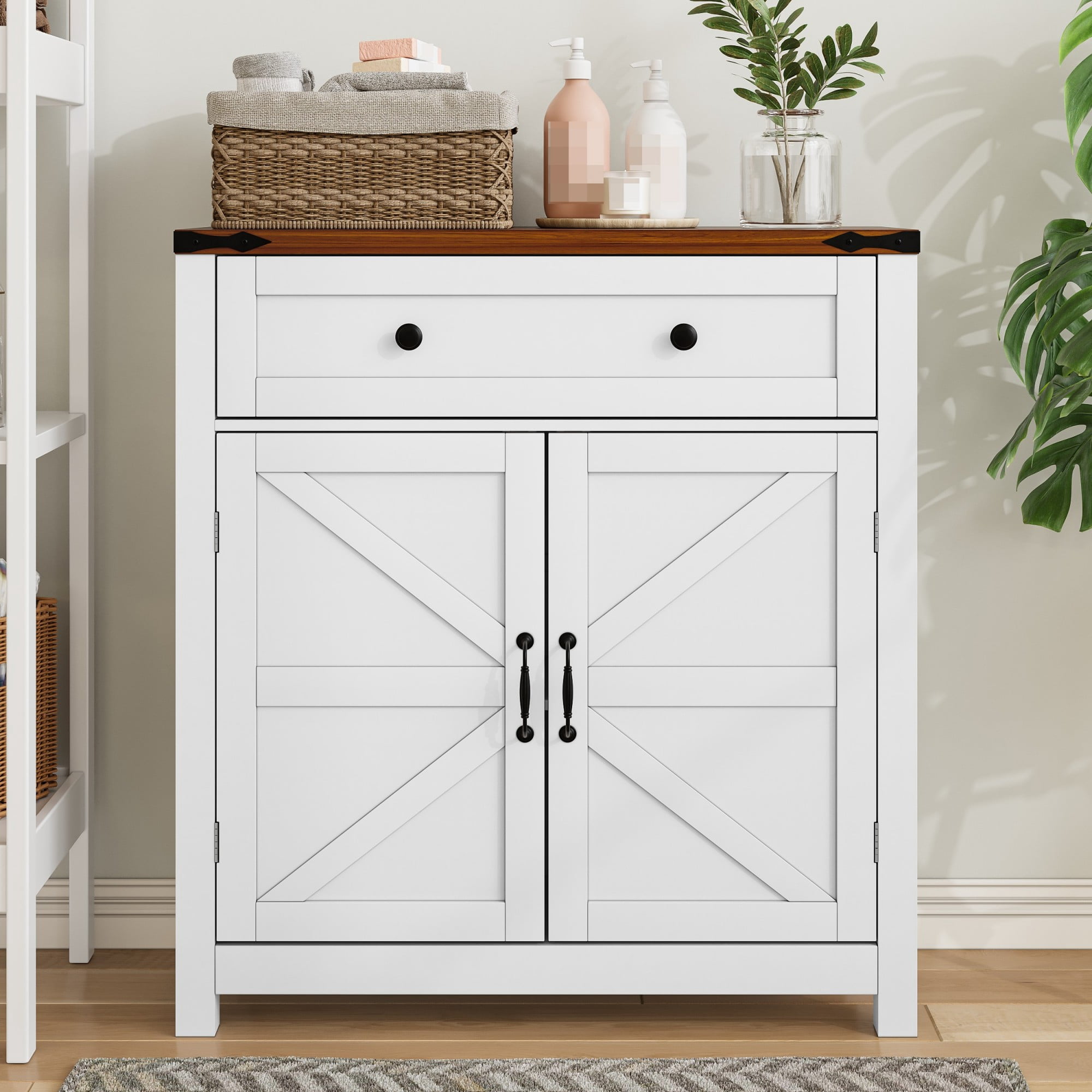Leumius 30" W Kitchen Sideboard Storage Cabinet with Drawer & Adjustable Shelf,White Coffee Bar Console with Walnut Countertop for Kitchen, Dining Room, Entryway