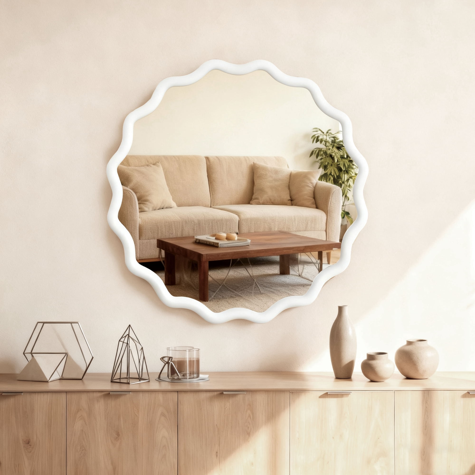 Leumius 30" Wavy Round Mirror, Solid Wood Frame Decorative Mirror for Bedroom Bathroom Living Room Entryway White
