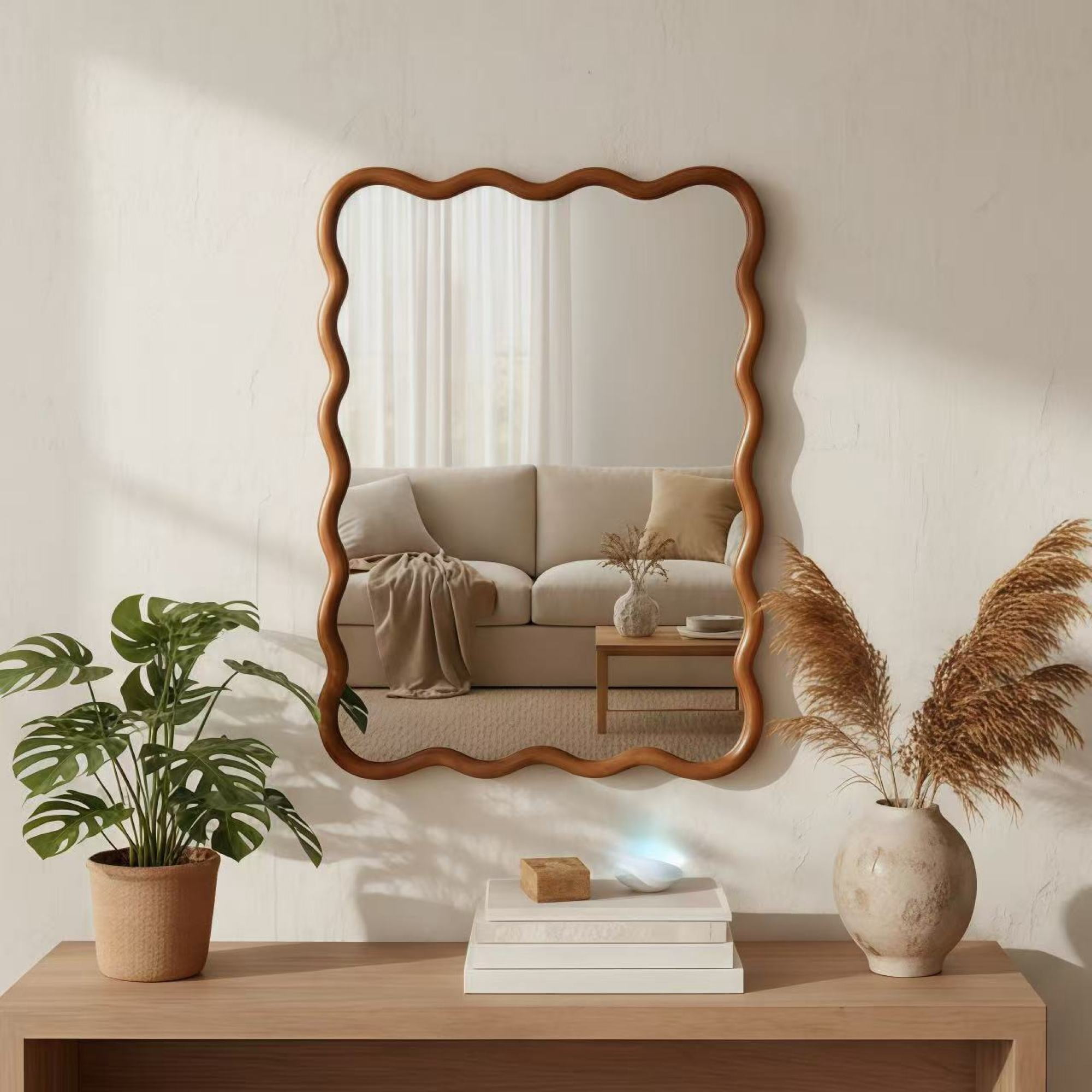 Leumius 30"x40" Wavy Rectangle Mirror, Solid Wood Frame Decorative Mirror for Bedroom Bathroom Living Room Entryway Brown