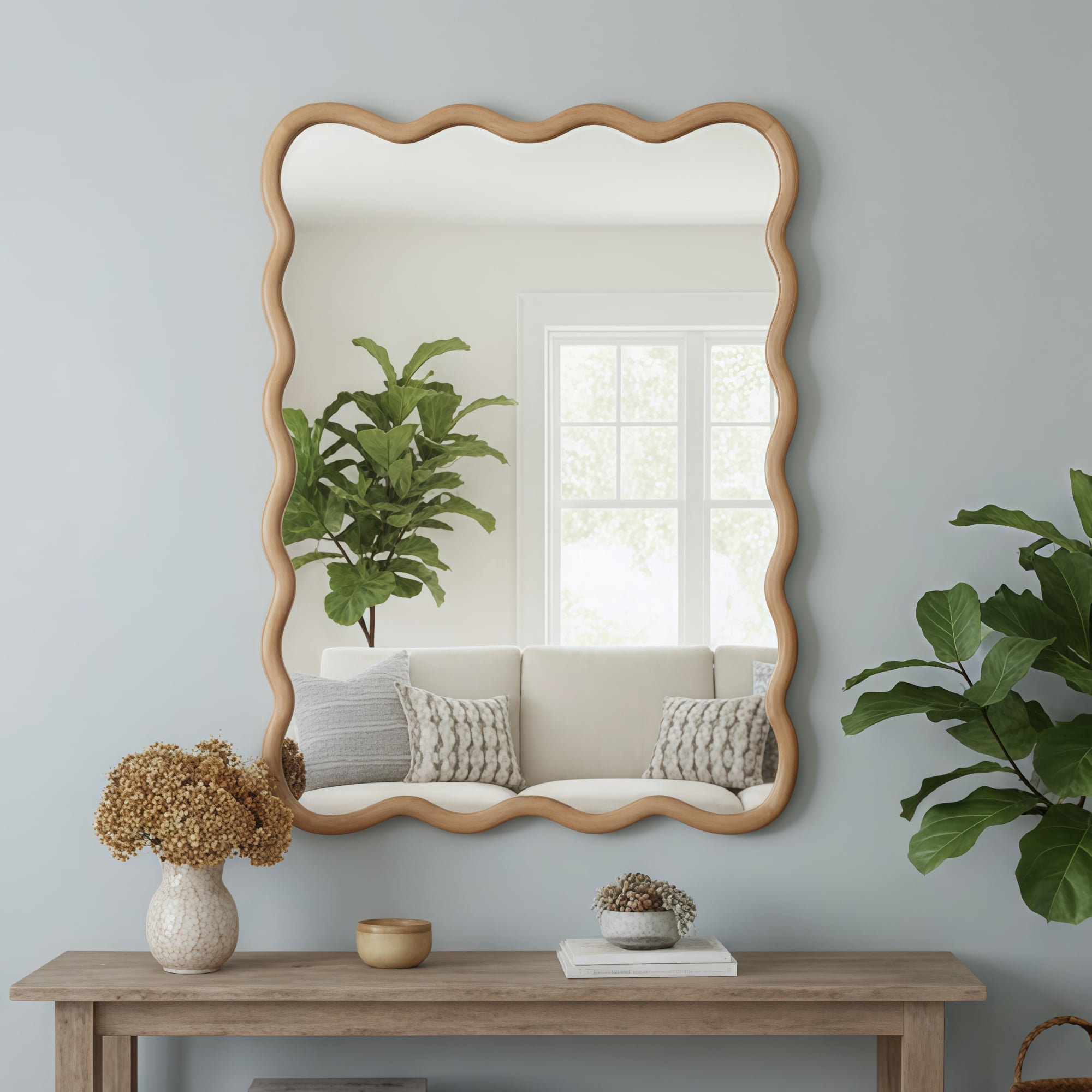 Leumius 30"x40" Wavy Rectangle Mirror, Solid Wood Frame Decorative Mirror for Bedroom Bathroom Living Room Entryway Natural