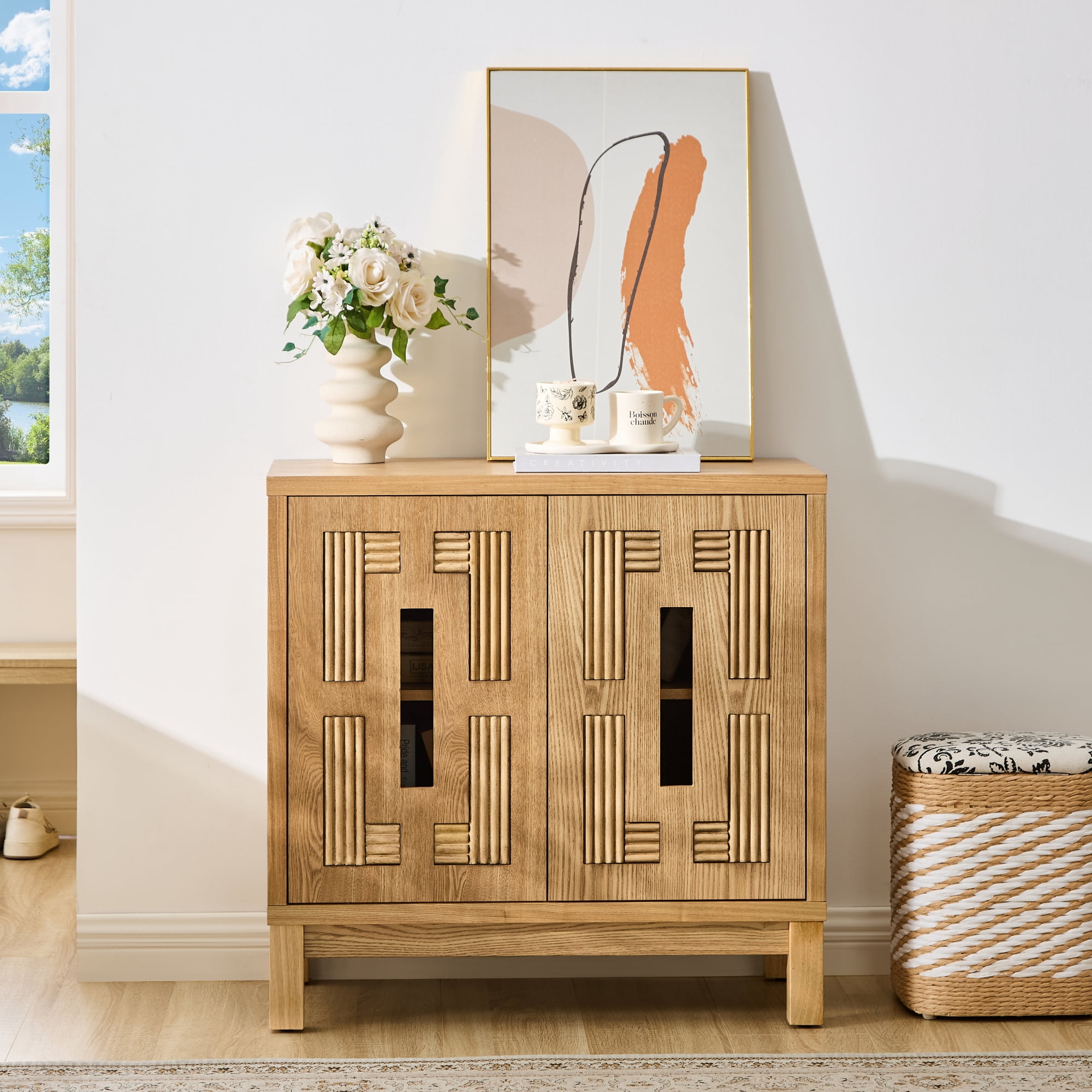 Leumius 31.5" Mid Century Modern Sideboard Buffet Cabinet with Storage,Storage Cabinet with 2 Doors & Adjustable Shelf for Kitchen Dining Living Room Entryway Hallway Natural