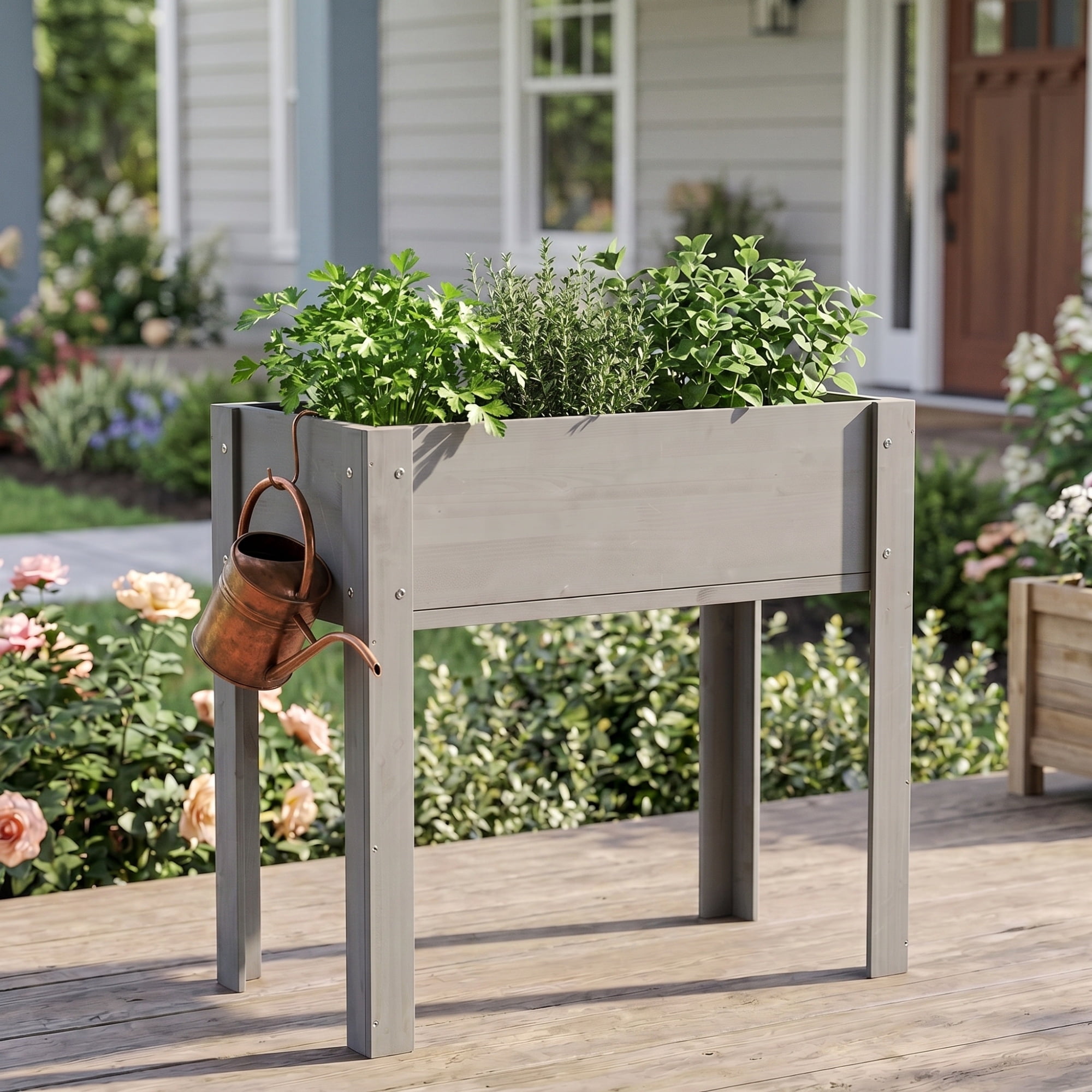 Leumius 31x31x16 Inch Raised Garden Bed with Legs, Elevated Wooden Planter Box for Outdoor Plants Flowers Fruits Vegetable Herb Growing Grey