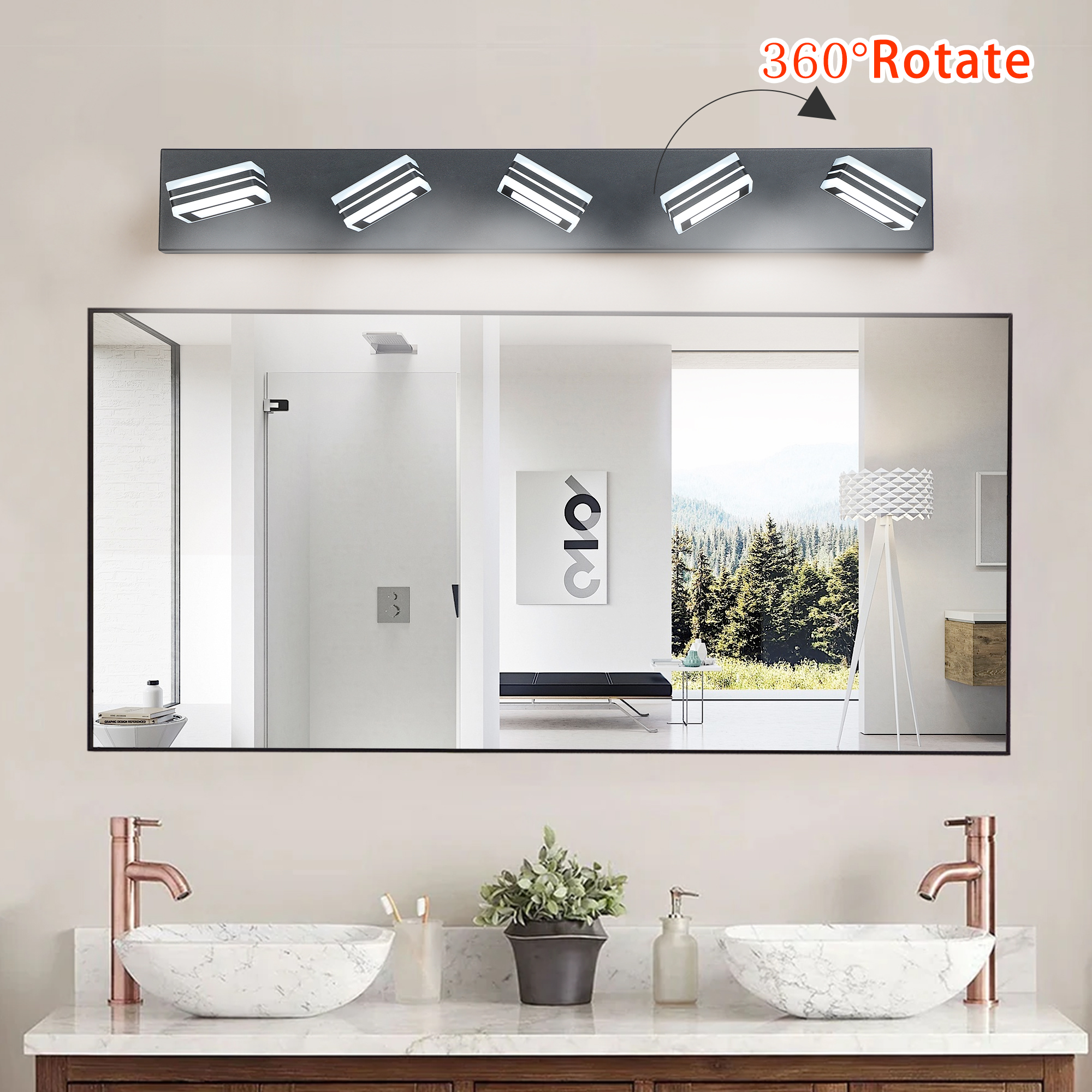 Leumius 32" Modern 5-Light LED Vanity Light, Square Acrylic Lampshades Wall Mount Fixture for Mirror, Bathroom, Bedroom and Hallway Black