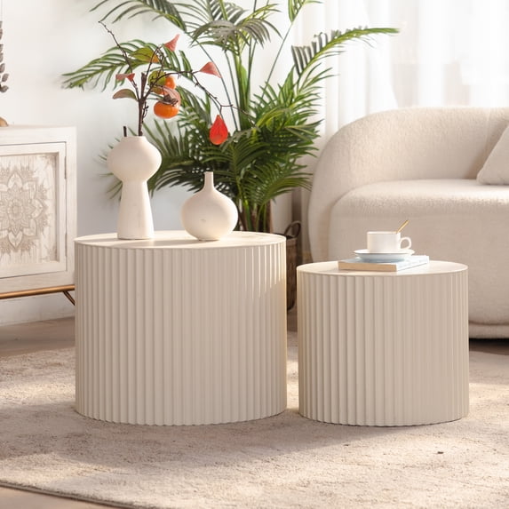 Leumius 33.86" Nesting Coffee Table Set of 2 Modern Drum Side Table End Table Wave Stripe Round Coffee Table for Living Room Beige 2