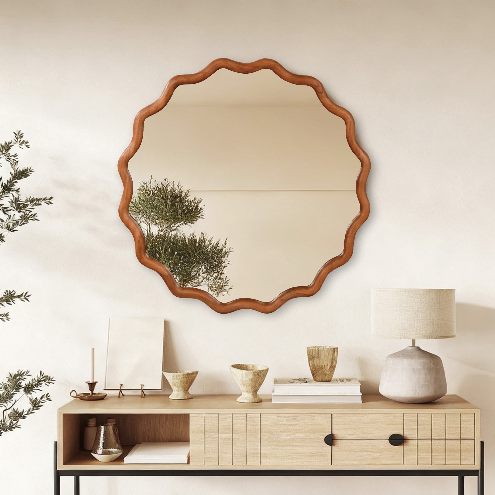 Leumius 36" Wavy Round Mirror, Solid Wood Frame Decorative Mirror for Bedroom Bathroom Living Room Entryway Brown