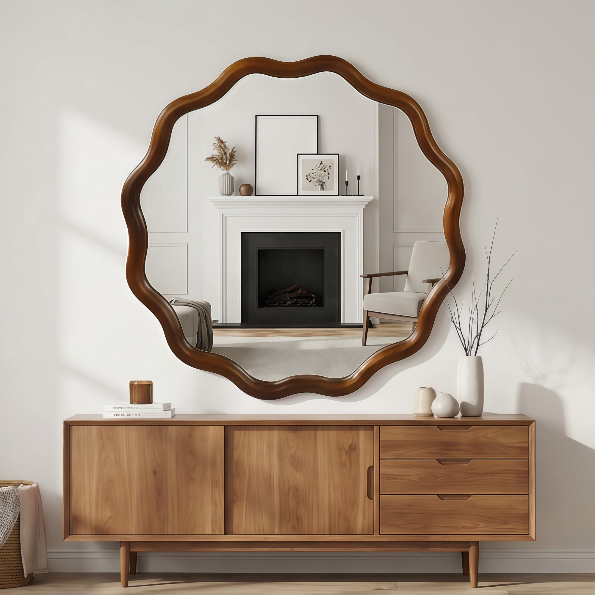 Leumius 36" Wavy Round Mirror, Solid Wood Frame Decorative Mirror for Bedroom Bathroom Living Room Entryway Dark Walnut