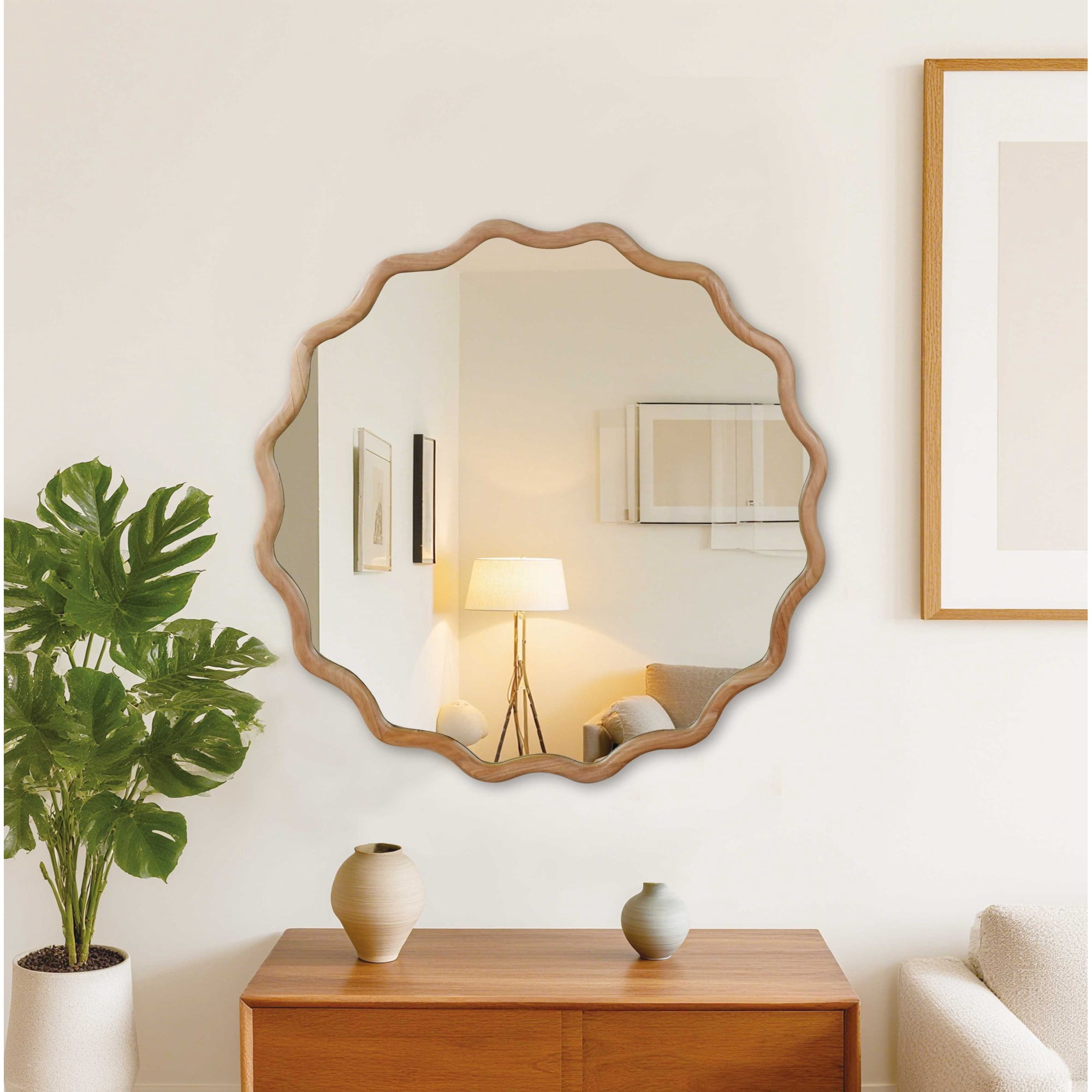 Leumius 36" Wavy Round Mirror, Solid Wood Frame Decorative Mirror for Bedroom Bathroom Living Room Entryway Natural