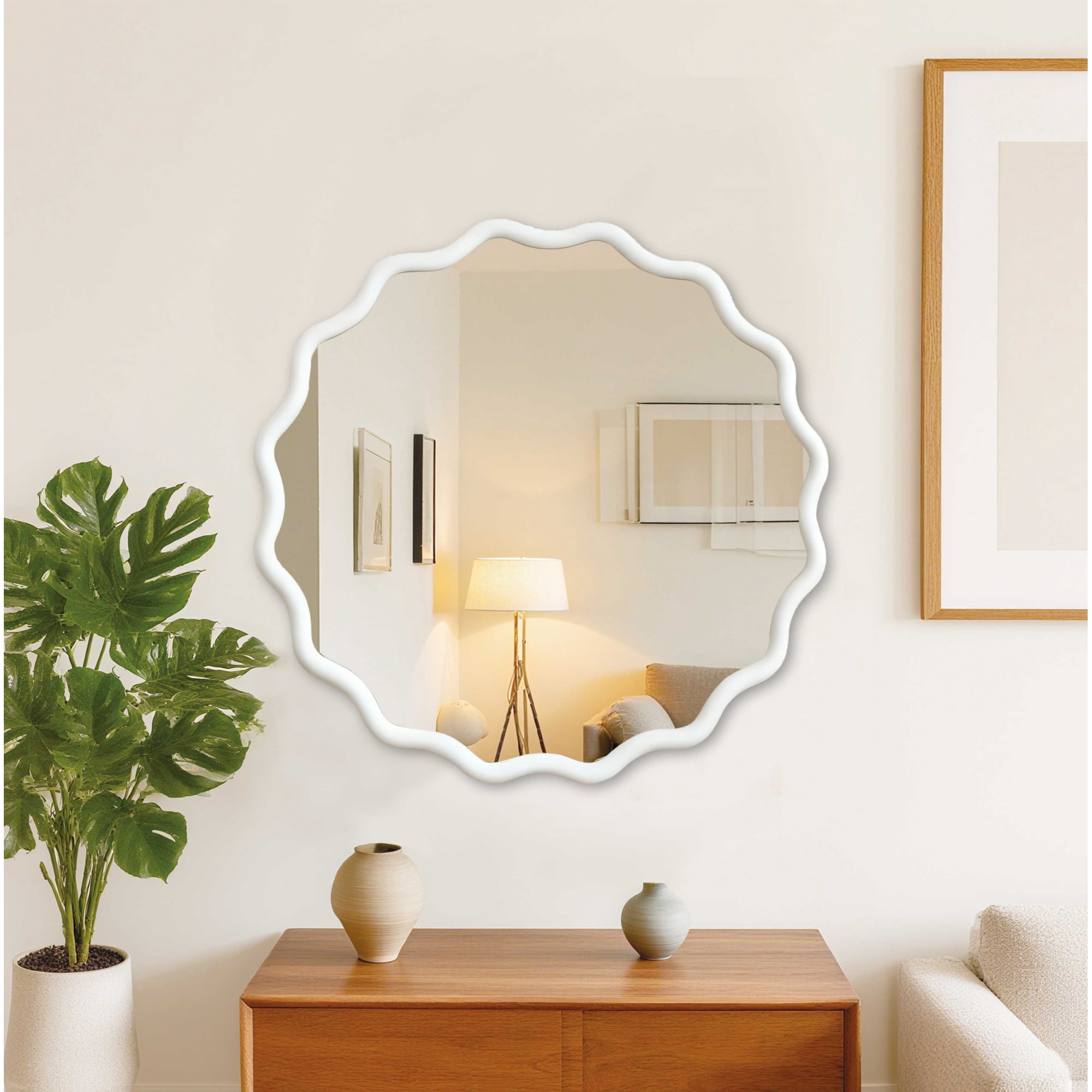 Leumius 36" Wavy Round Mirror, Solid Wood Frame Decorative Mirror for Bedroom Bathroom Living Room Entryway White