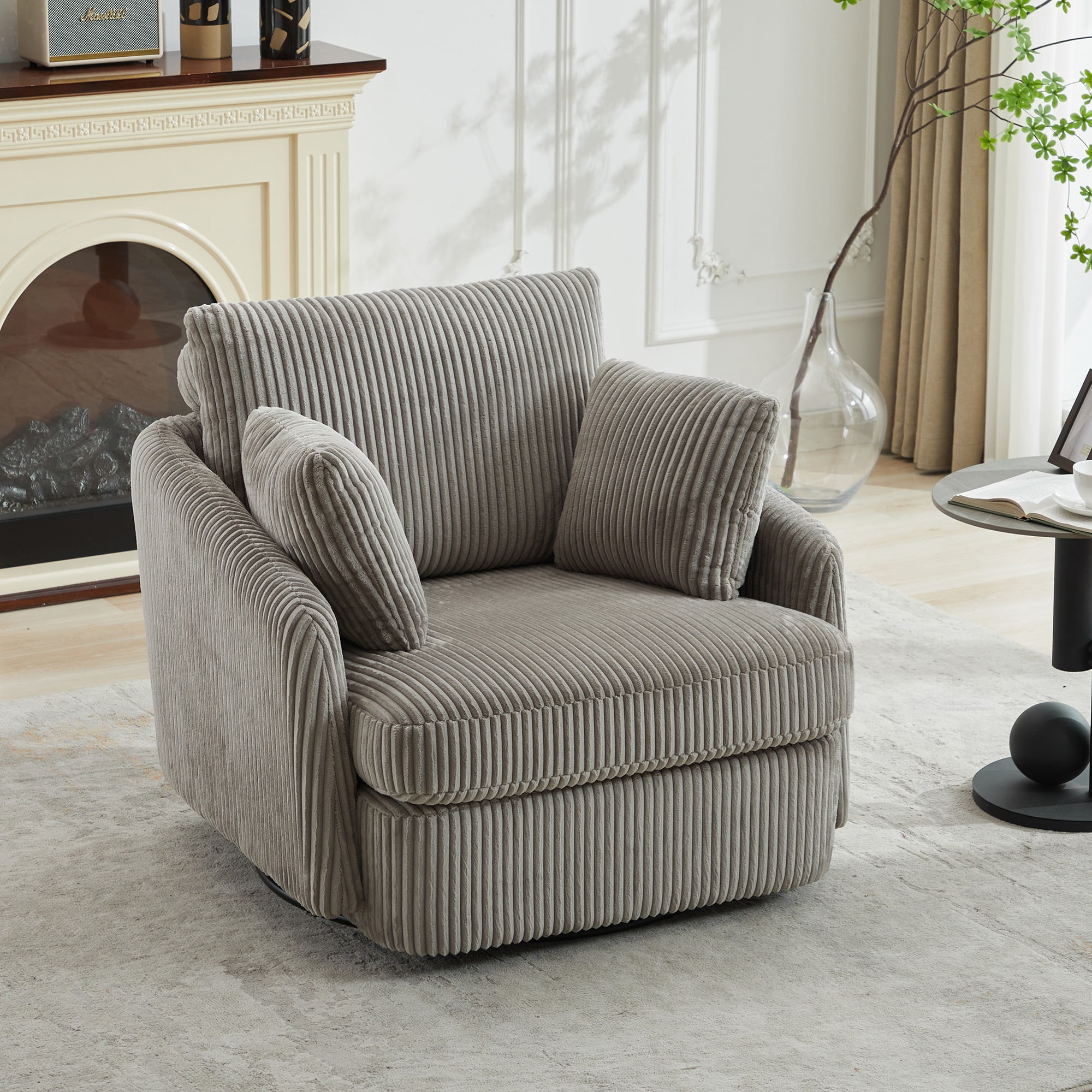 Leumius 360° Swivel Accent Chair with 2 Throw Pillows,40.55''W Corduroy Accent Chair Armchair,Comfy Upholstered Single Sofa Chair for Bedroom Living Room,Gray