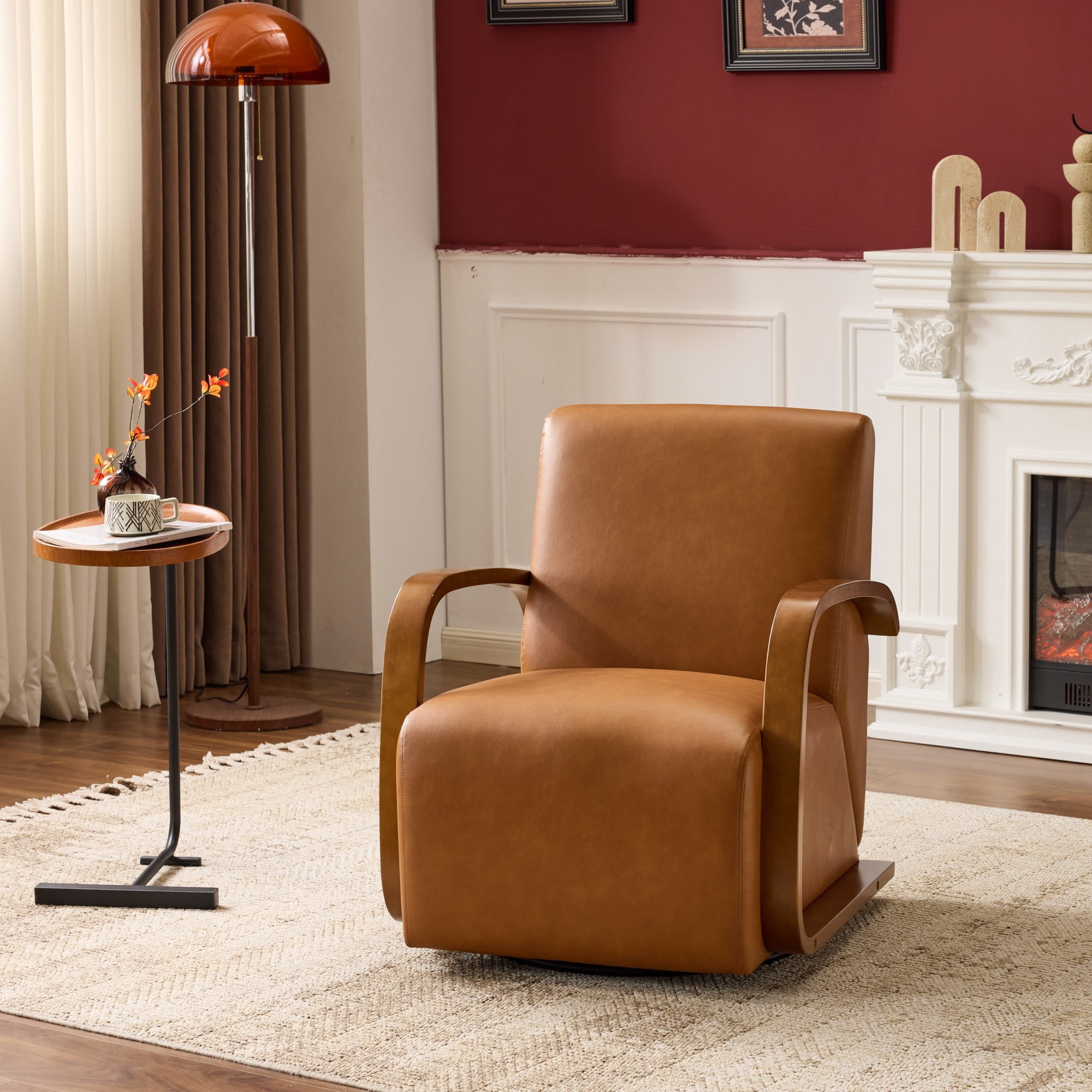 Leumius 360° Swivel Accent Chair with Solid Wood Curved Arms,Mid-Century Modern Upholstered Single Sofa Chair for Living Room,Bedroom,brown