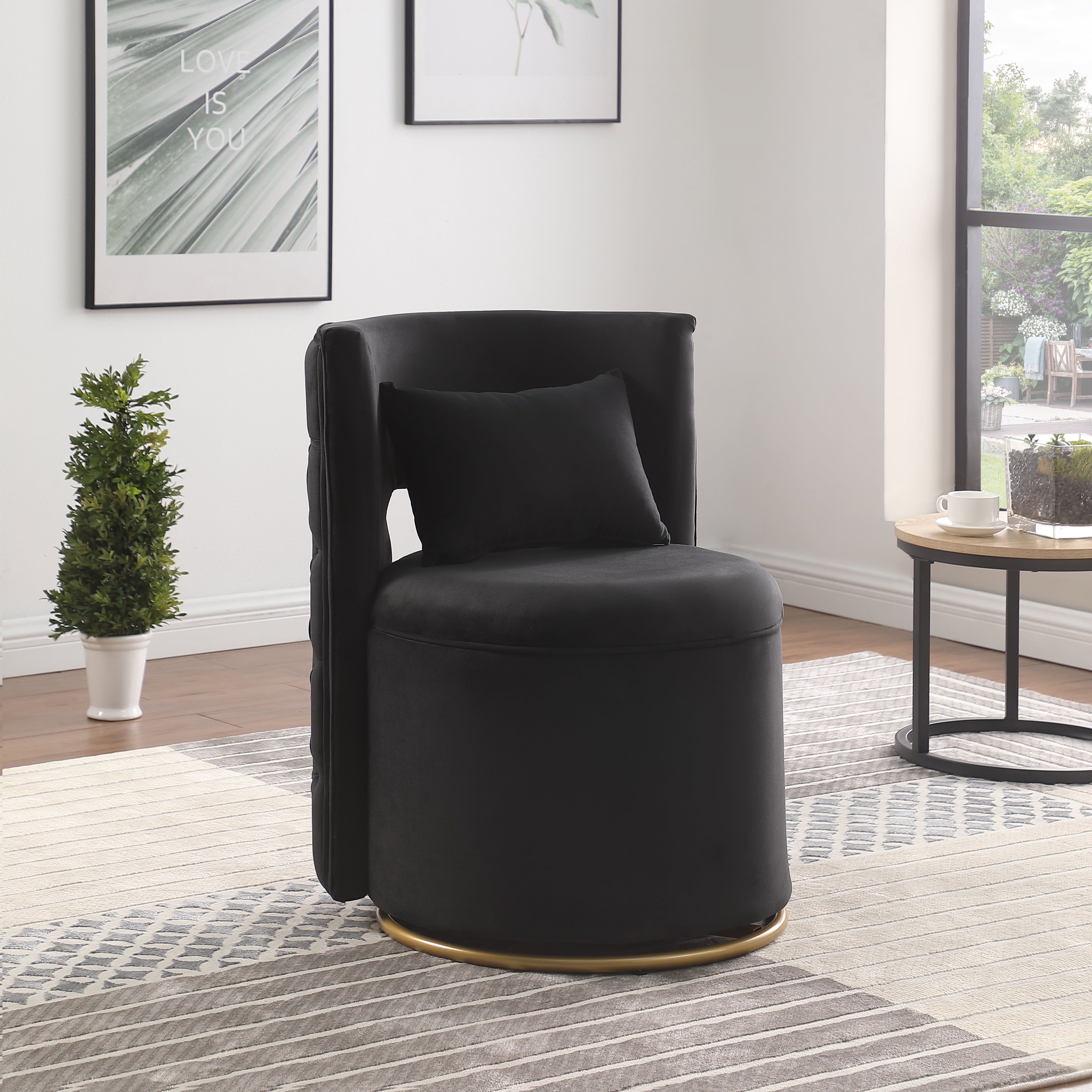 Leumius 360° Swivel Accent Chair with Storage,Velvet Curved Chair with Gold Metal Base for Living Room,Nursery,Bedroom-Black