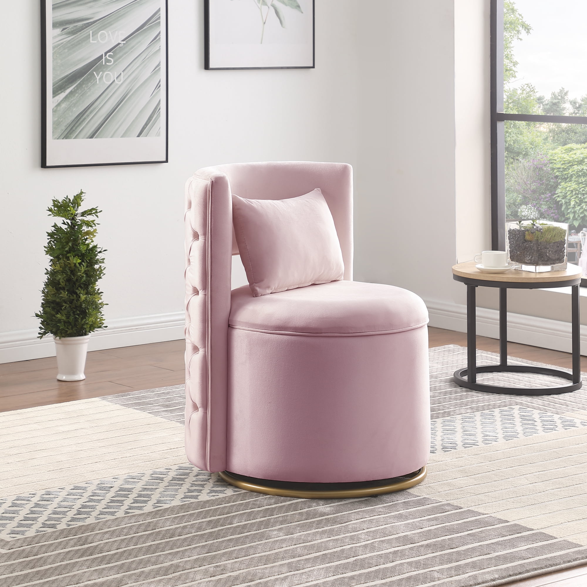 Leumius 360° Swivel Accent Chair with Storage,Velvet Curved Chair with Gold Metal Base for Living Room,Nursery,Bedroom-Pink