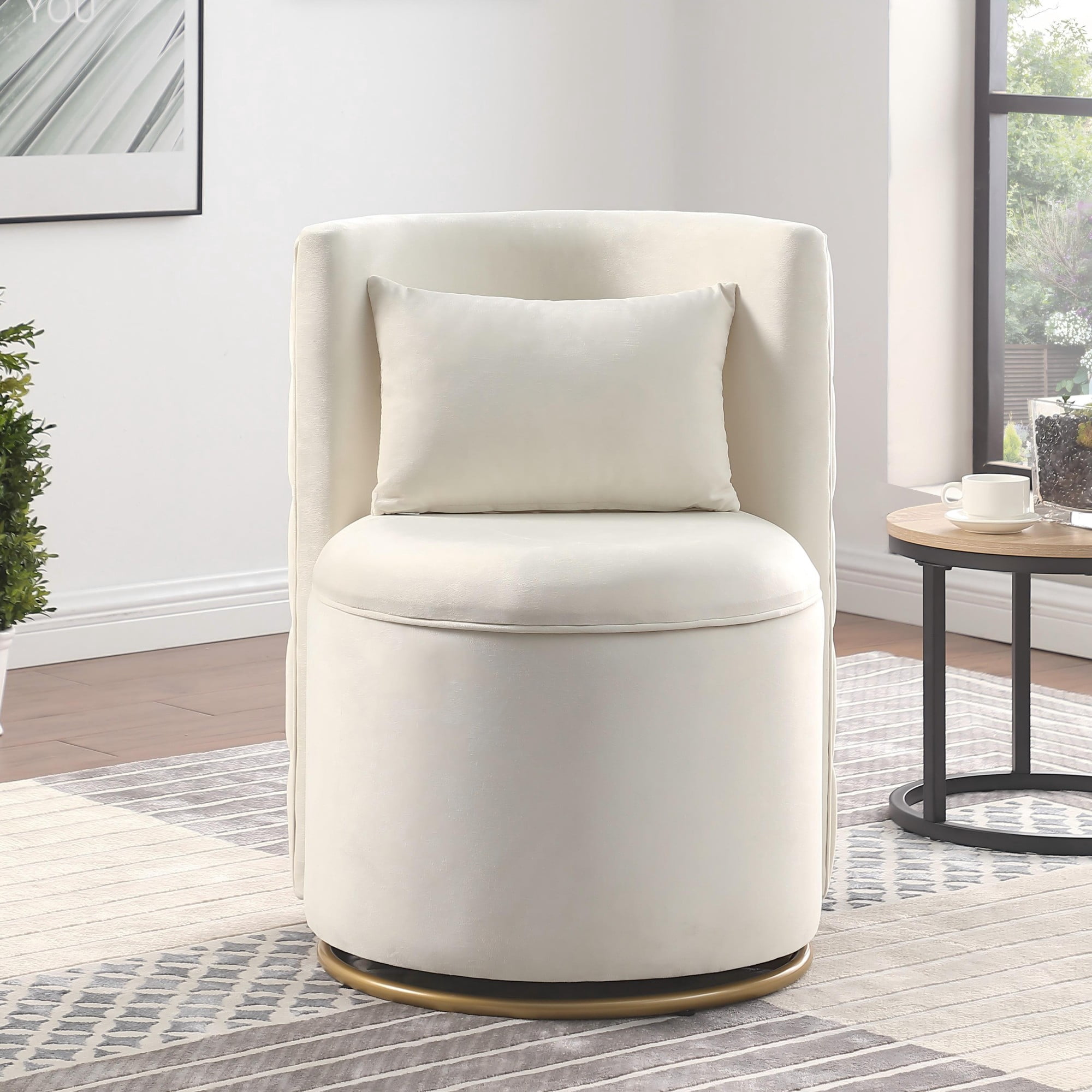 Leumius 360° Swivel Accent Chair with Storage,Velvet Curved Chair with Gold Metal Base for Living Room,Nursery,Bedroom-White