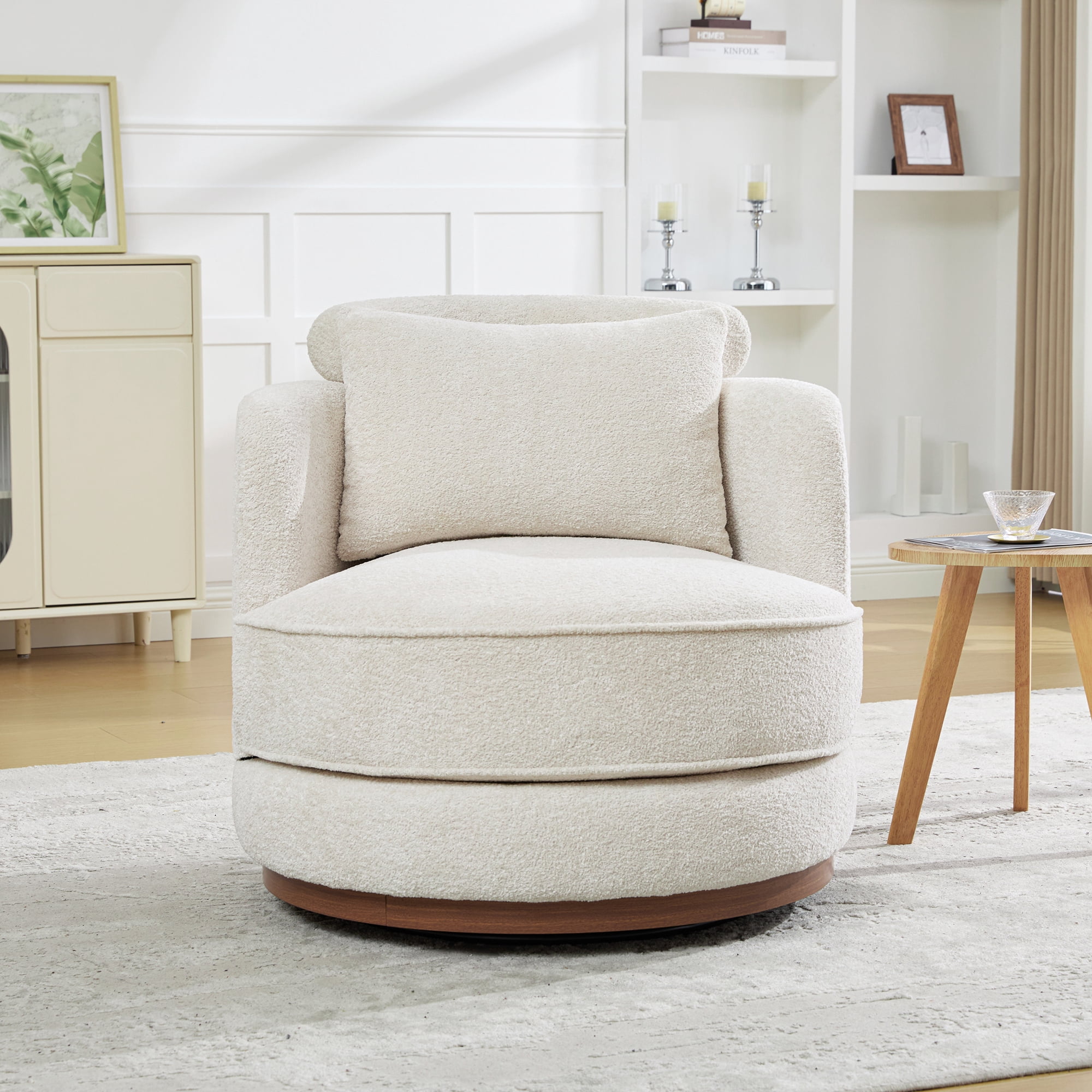 Leumius 360°Swivel Barrel Chair with 1 Plump Pillow and a Circular Wooden Base Ring, Round Chair with Removable Cushion for Living Room Bedroom Apartment,Beige