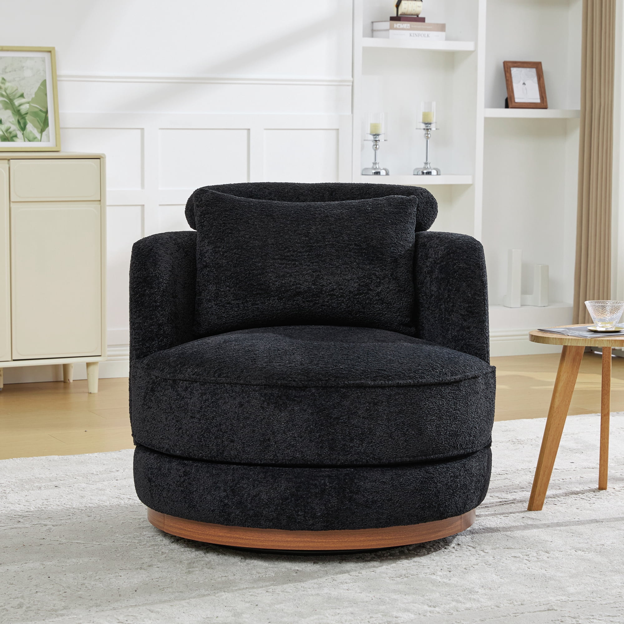 Leumius 360°Swivel Barrel Chair with 1 Plump Pillow and a Circular Wooden Base Ring, Round Chair with Removable Cushion for Living Room Bedroom Apartment,Black