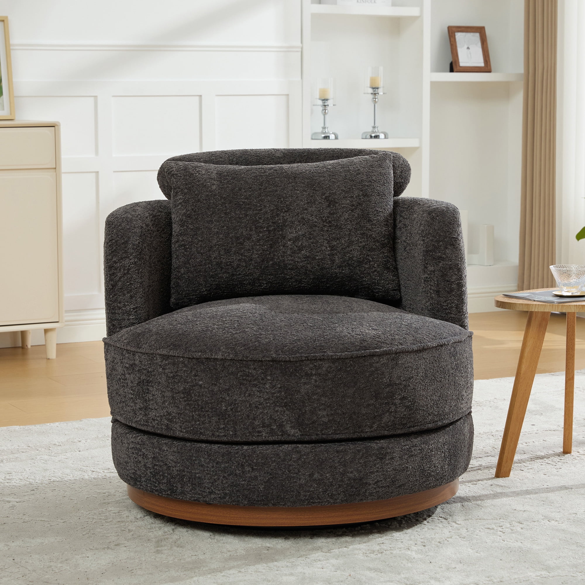 Leumius 360°Swivel Barrel Chair with 1 Plump Pillow and a Circular Wooden Base Ring, Round Chair with Removable Cushion for Living Room Bedroom Apartment,Charcoal