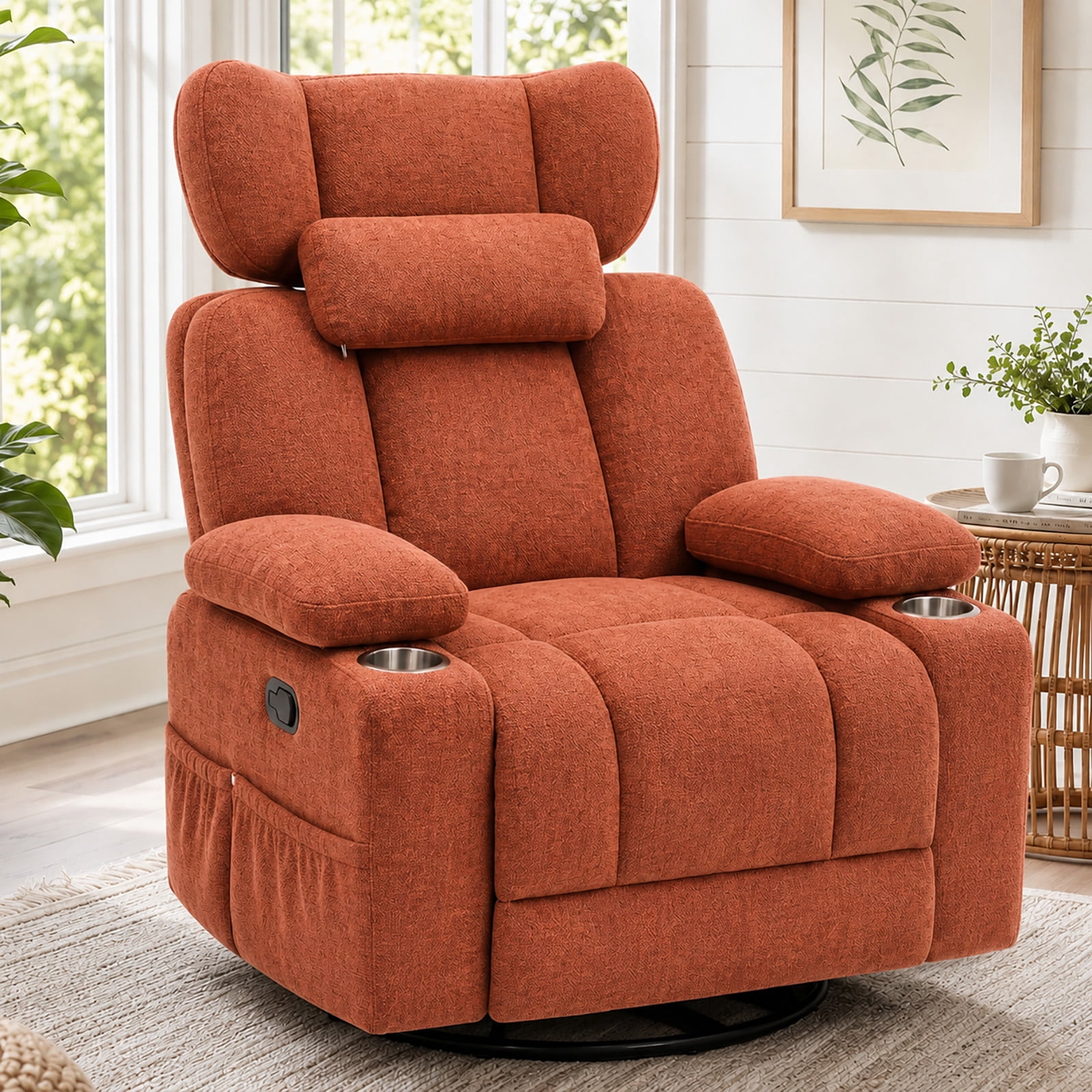 Leumius 360° Swivel Recliner Chair, Single Recliner with Adjustable Detachable Neck Pillow Ergonomic and Cup Holders, 300lbs Capacity Versatile Lounge Chair for Living Room Bedroom Home Theater