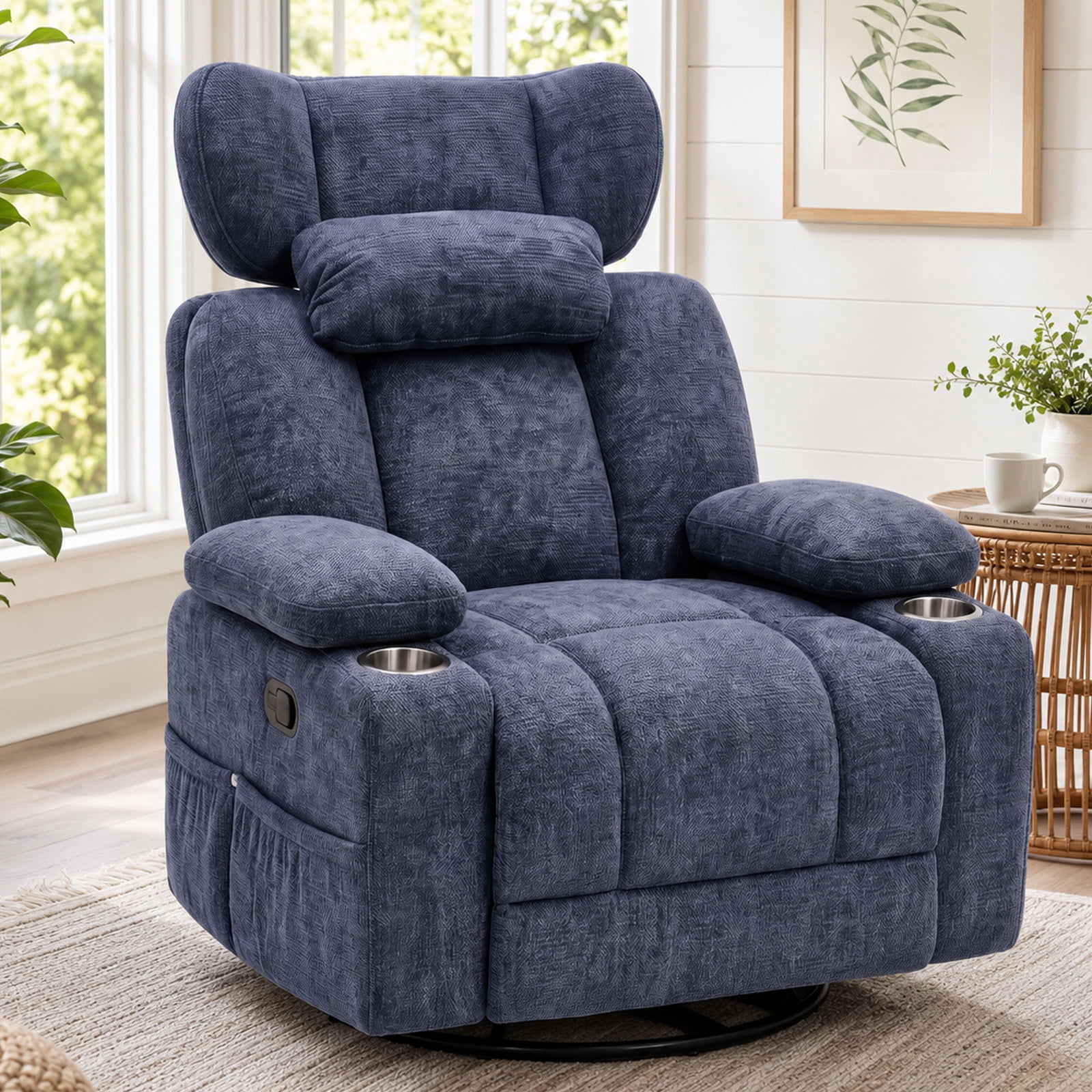 Leumius 360° Swivel Recliner Chair, Single Recliner with Adjustable Detachable Neck Pillow Ergonomic and Cup Holders, 300lbs Capacity Versatile Lounge Chair for Living Room Bedroom Home Theater