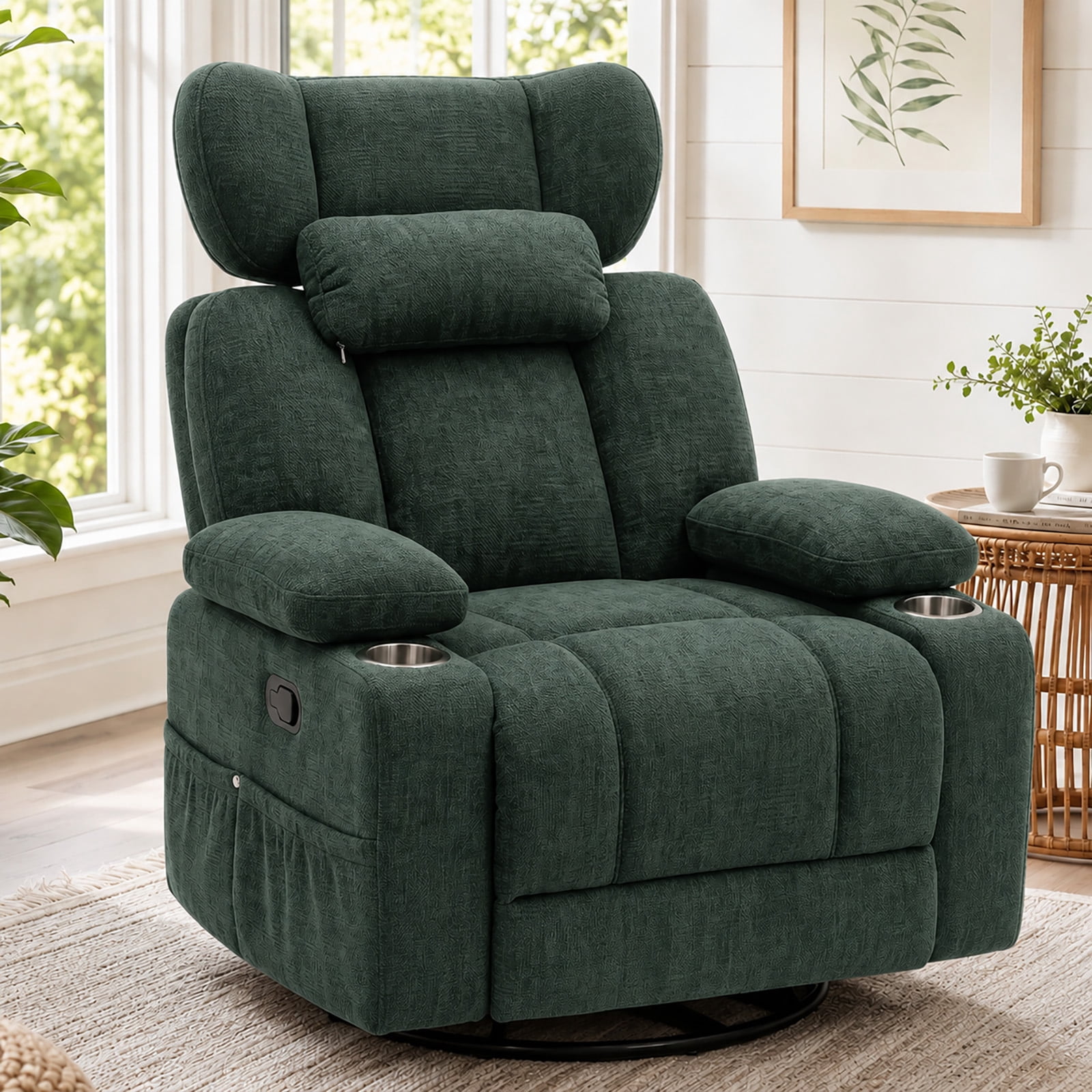 Leumius 360° Swivel Recliner Chair, Single Recliner with Adjustable Detachable Neck Pillow Ergonomic and Cup Holders, 300lbs Capacity Versatile Lounge Chair for Living Room Bedroom Home Theater