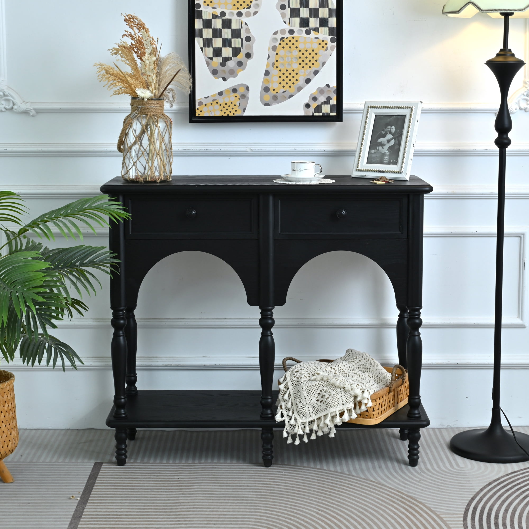 Leumius 39.37" Accent Distressed Black Solid Wooden Table, Classic Arched Design Turned Legs Storage Console Table with Open Shelf and 2 Drawers for Living Room