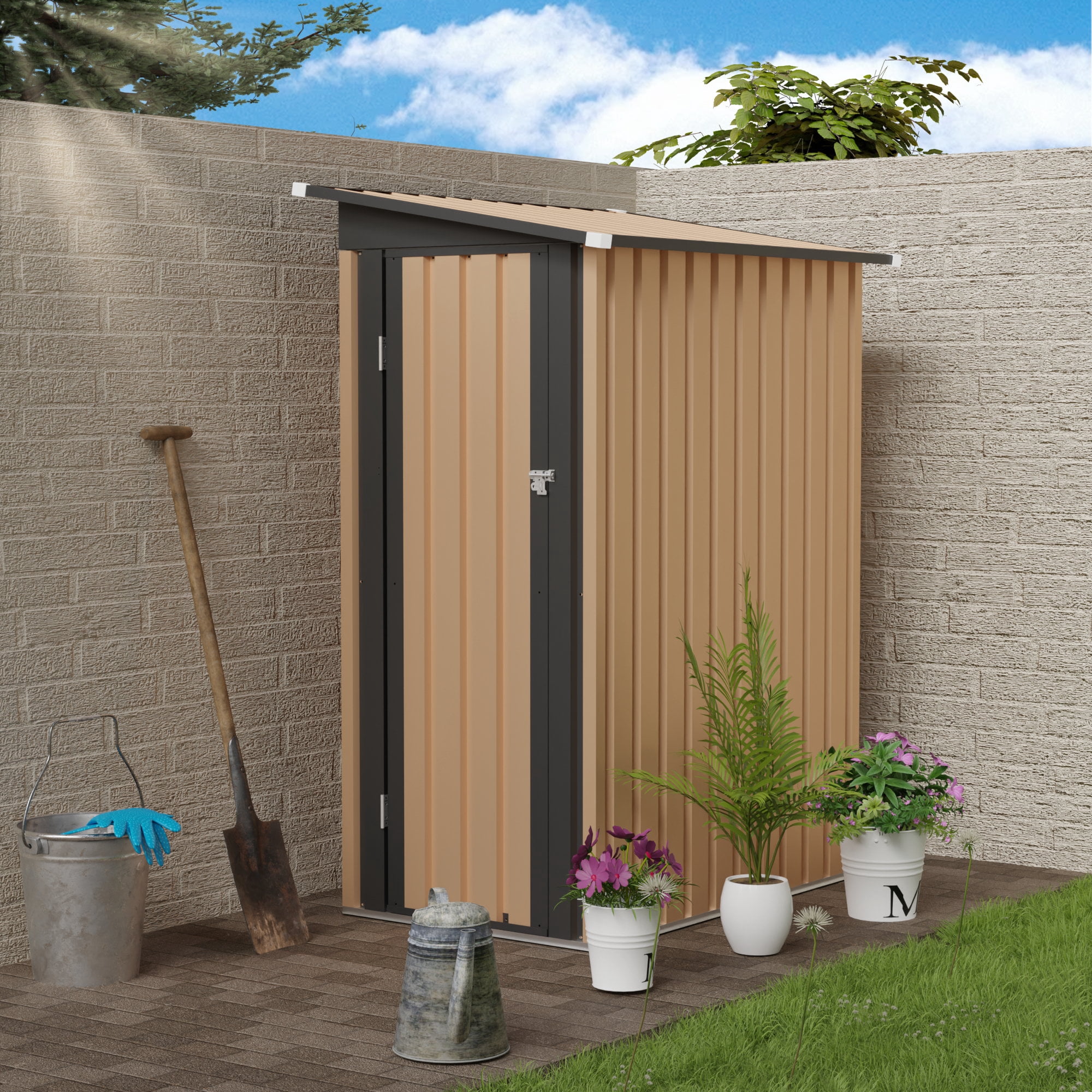 Leumius 4.27x2.42FT Metal Garden Storage Shed, Pent Roof with Side Hinge Door for Backyard, Patio, Lawn