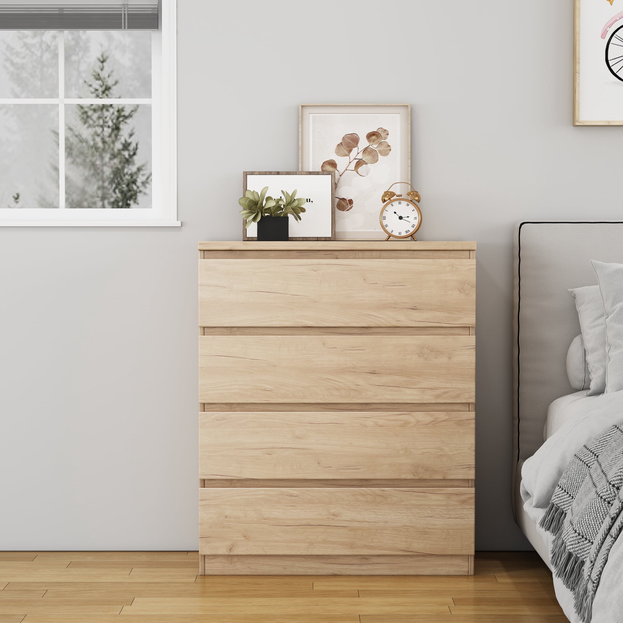 Leumius 4 Drawer Dresser, 31.5In Modern Storage Dresser with Handle-Free Design, Closet Chests Organizer for Bedroom Living Room Natural