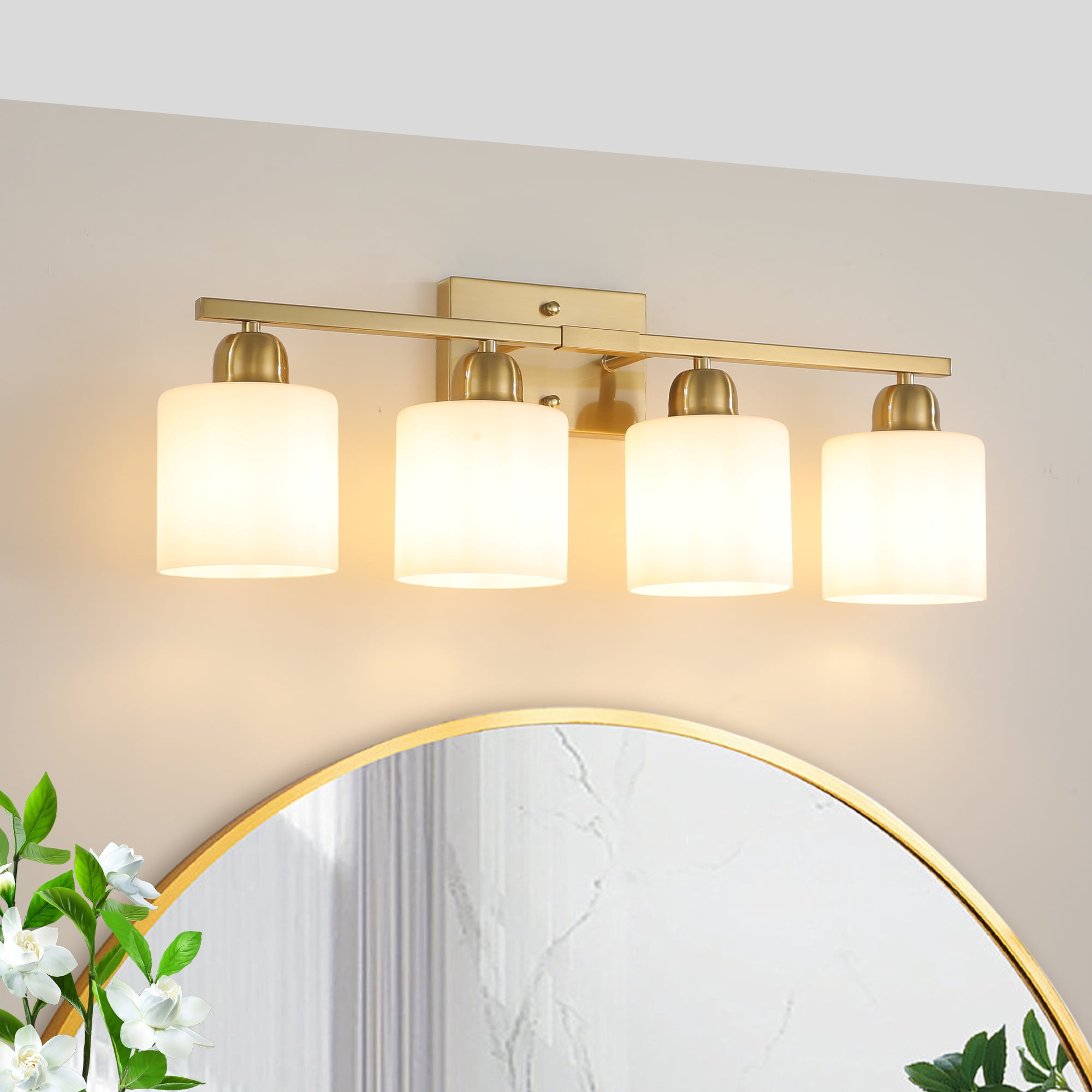 Leumius 4-Light Bathroom Vanity Light Fixture, Modern Vanity Light Over Mirror, Wall Sconces with Milky White Frosted Glass Shades for Mirror, Bathroom, Bedroom and Hallway Gold (No Bulbs)