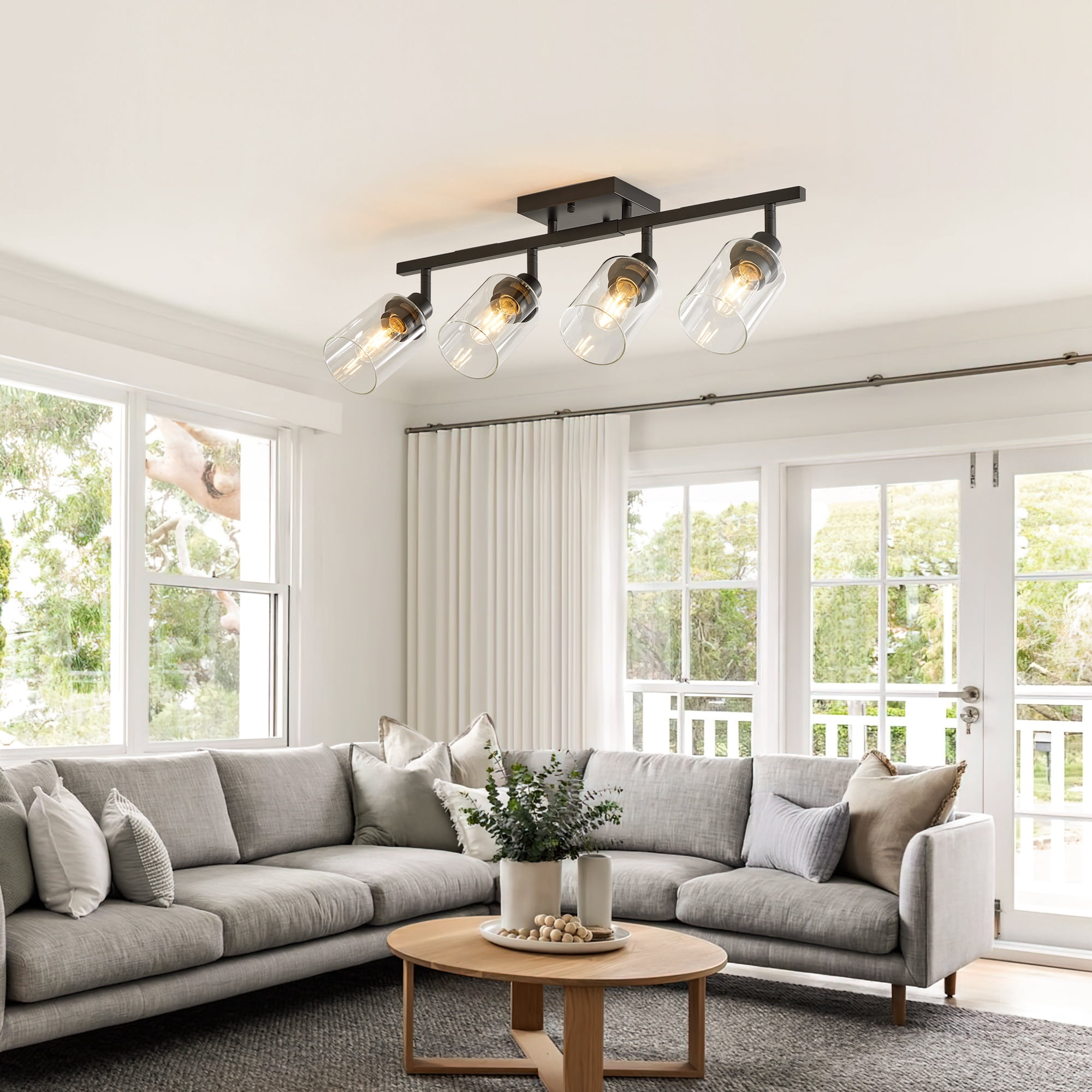 Leumius 4-Light Semi Flush Mount Ceiling Light, Adjustable Kitchen Light Fixtures Ceiling Mount with Clear Glass Shades, Rotatable Black Track Lighting Fixtures for Hallway, Foyer, Bedroom(No Bulbs)