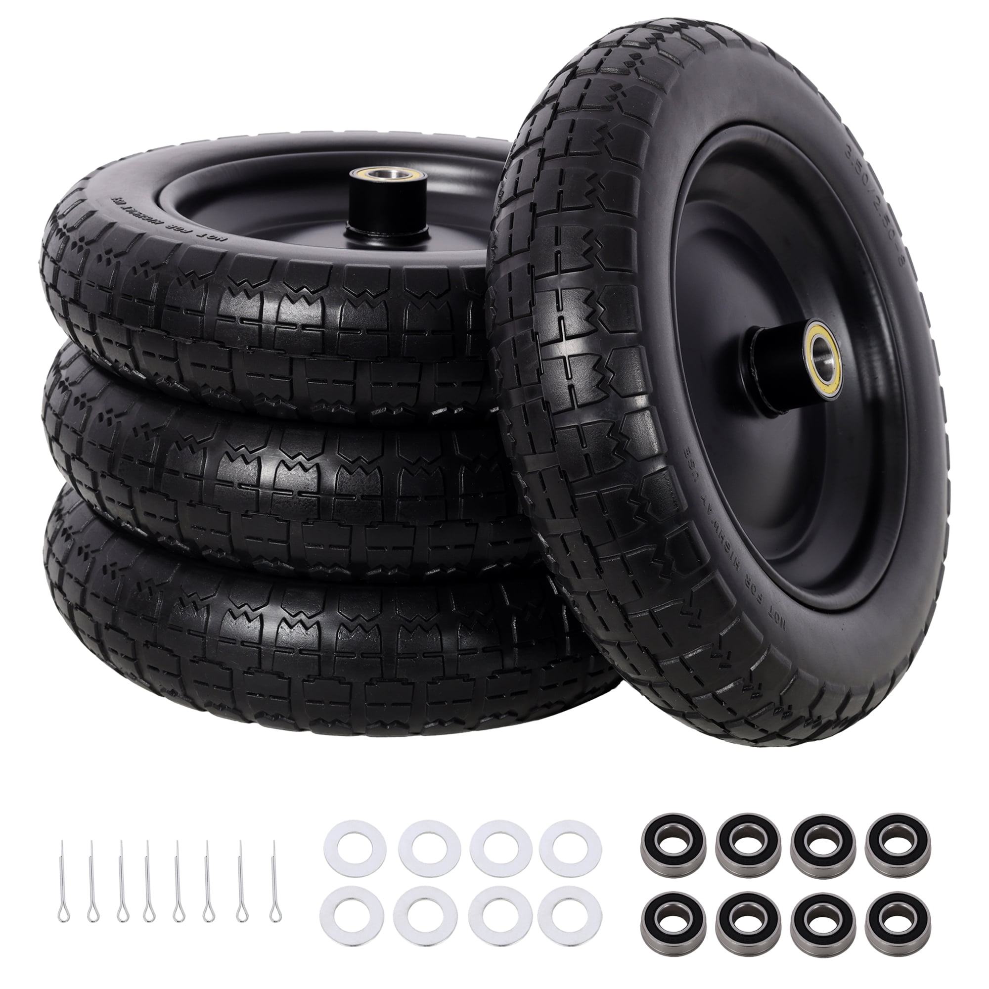 Leumius 4-Pack 13in Flat-Free PU Foam Tires Fit Wheelbarrow for Garden Wagon Cart, Hand Trucks and Utility Cart with 3/4" and 5/8" Bearings Kit
