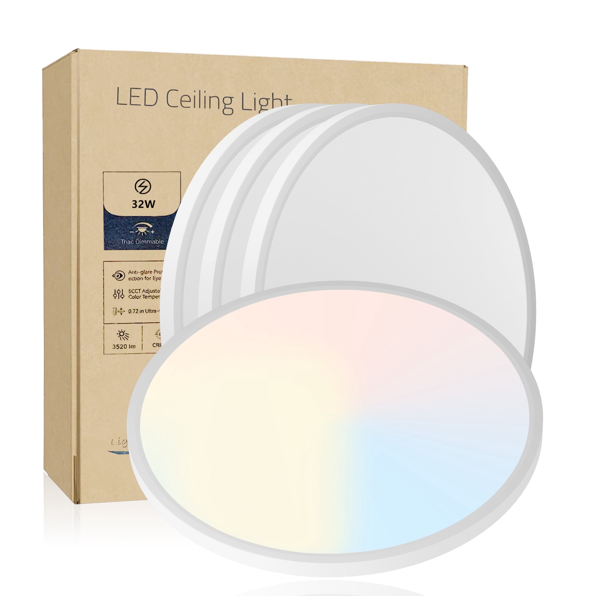 Leumius 4-Pack Flush Mount LED Ceiling Light Fixture, 16Inch 32Watt, Dimmable & 5 Color Selectable Ceiling Lamp 3520LM Low Profile Ceiling Light for Kitchen Bedroom Hallway Porch White