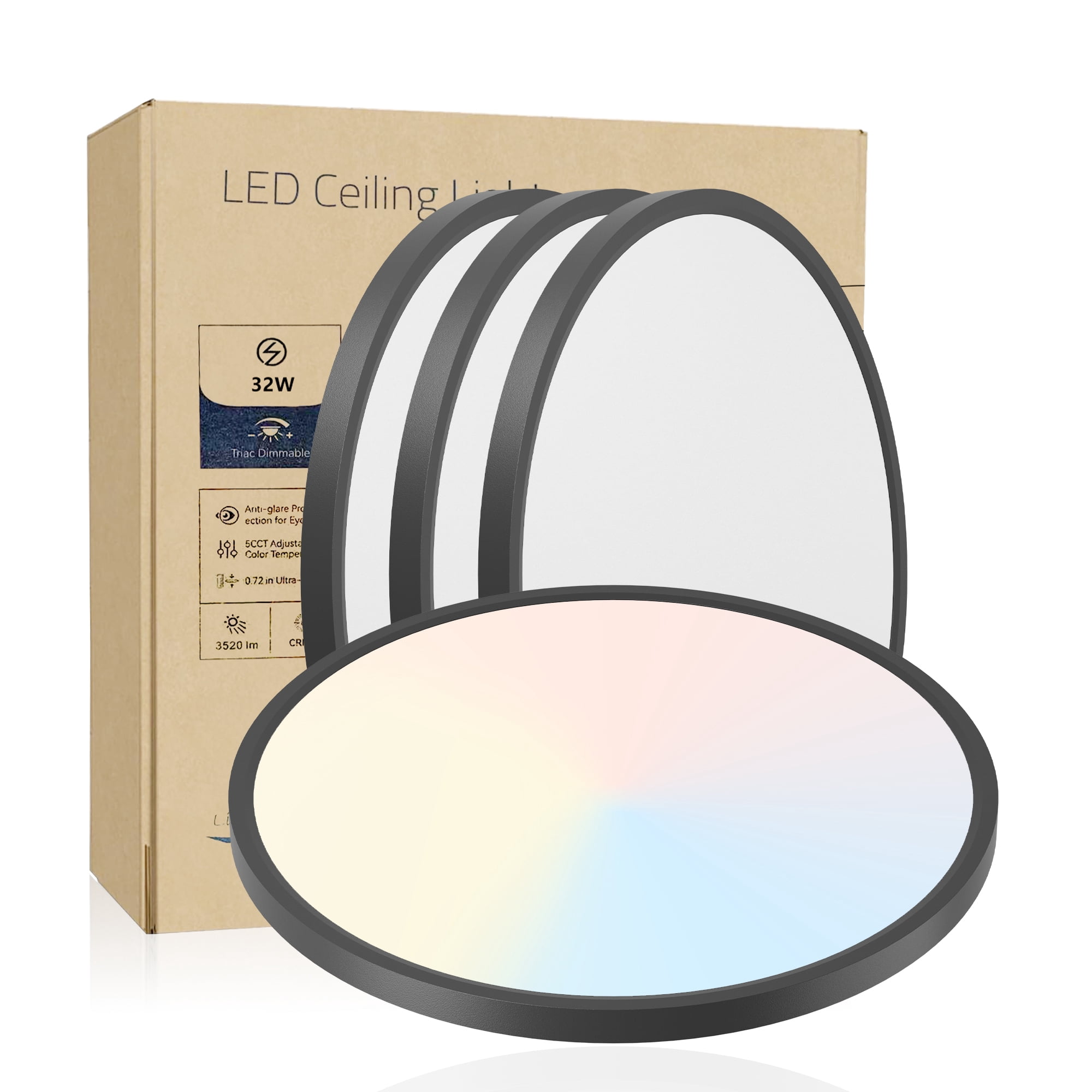 Leumius 4-Pack Flush Mount LED Ceiling Light Fixture, 16Inch 32Watt, Dimmable & 5 Color Selectable Ceiling Lamp 3520LM Low Profile Ceiling Light for Kitchen Bedroom Hallway Porch Black