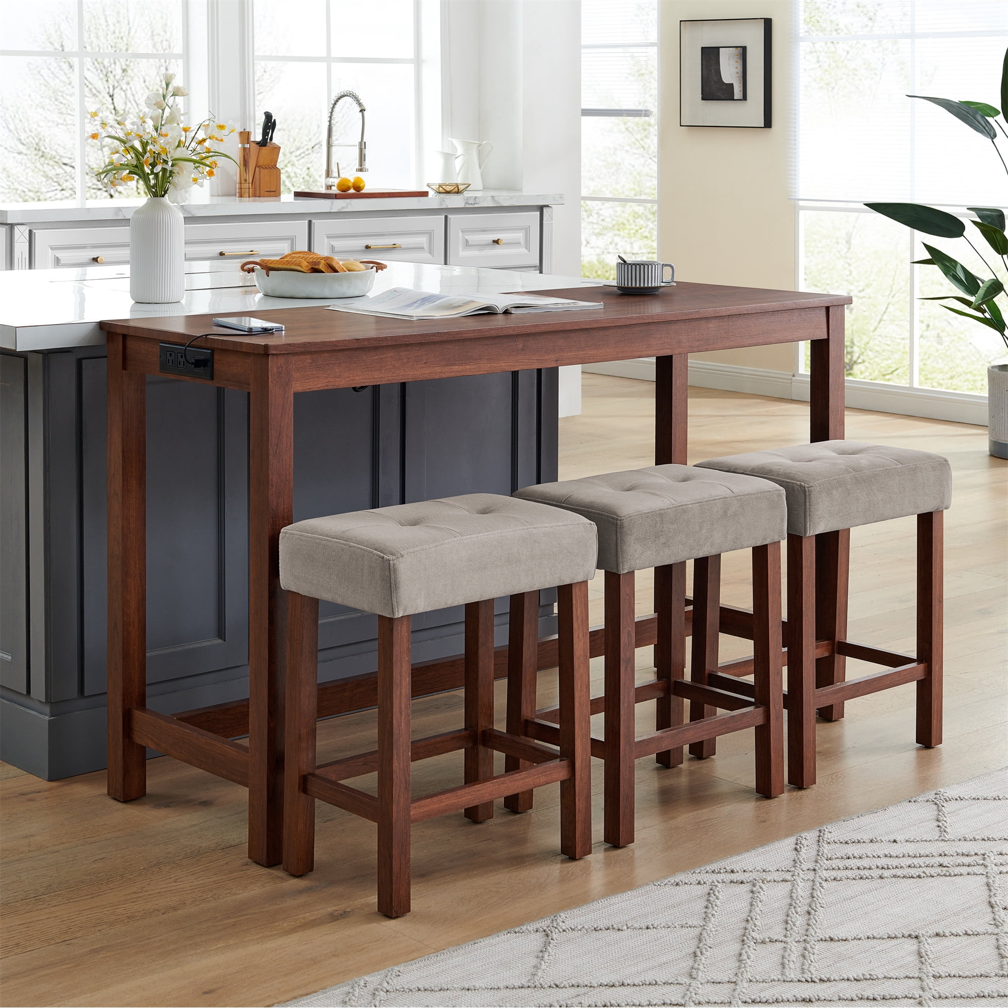 Leumius 4 Piece Bar Table Set with Power Outlet,Rustic Industrial Style Breakfast Table with 3 Padded Stools,Dining Bar Table and Chairs Set for Living Room, Dining Room, Game Room,Cherry