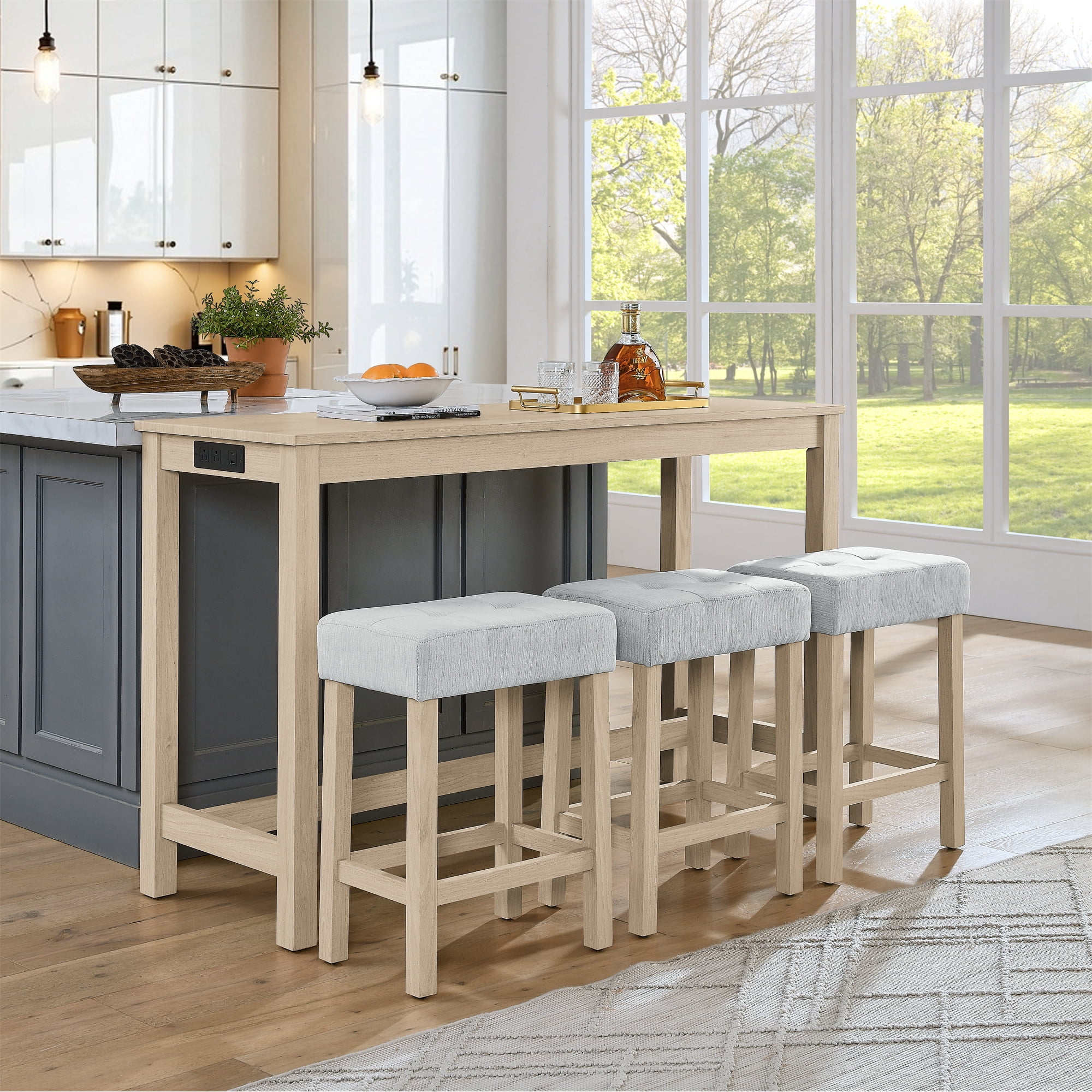 Leumius 4 Piece Bar Table Set with Power Outlet,Rustic Industrial Style Breakfast Table with 3 Padded Stools,Dining Bar Table and Chairs Set for Living Room, Dining Room, Game Room,Light Oak