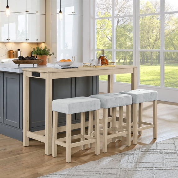Leumius 4 Piece Bar Table Set with Power Outlet,Rustic Industrial Style Breakfast Table with 3 Padded Stools,Dining Bar Table and Chairs Set for Living Room, Dining Room, Game Room,Light Oak