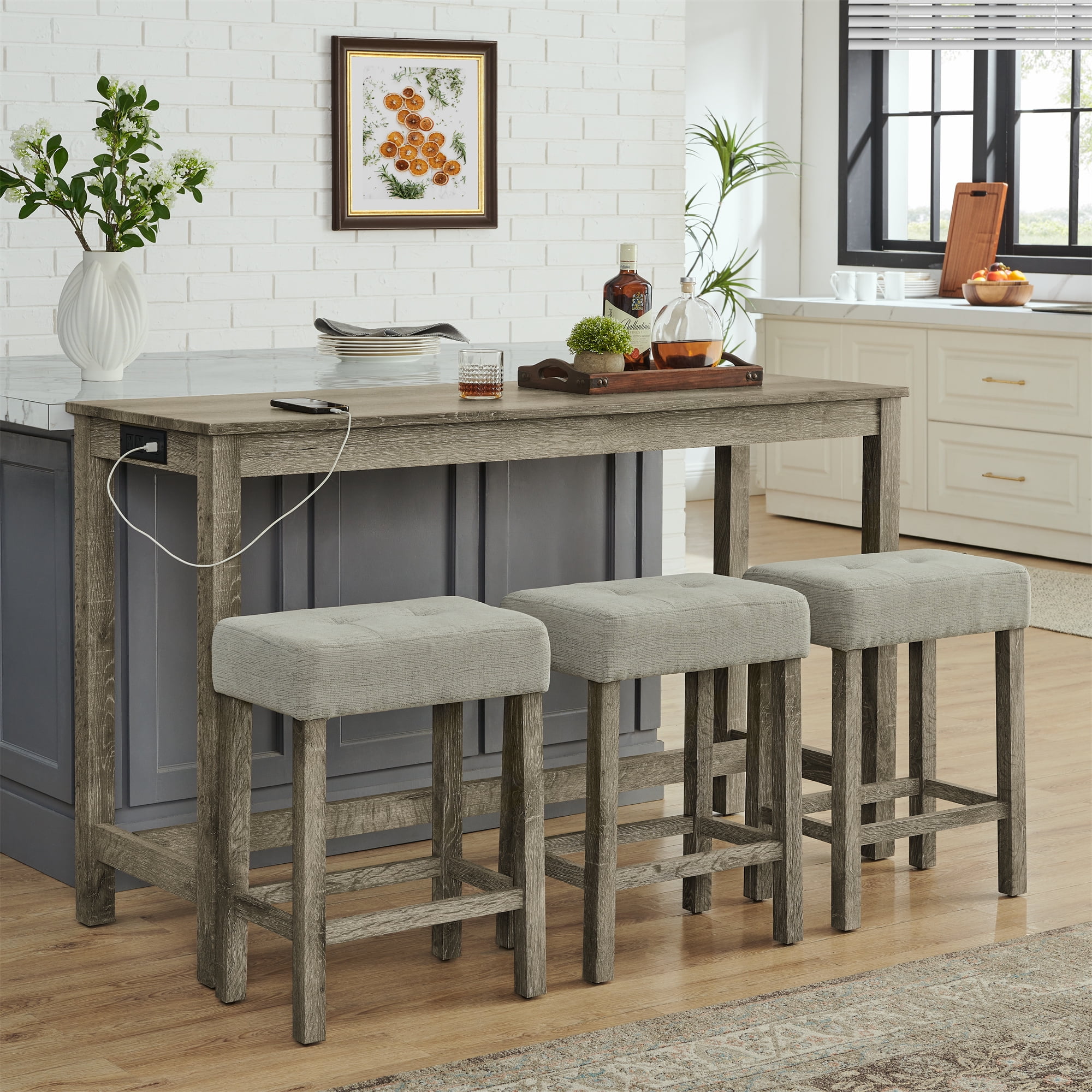 Leumius 4 Piece Bar Table Set with Power Outlet,Rustic Industrial Style Breakfast Table with 3 Padded Stools,Dining Bar Table and Chairs Set for Living Room, Dining Room, Game Room,Brown