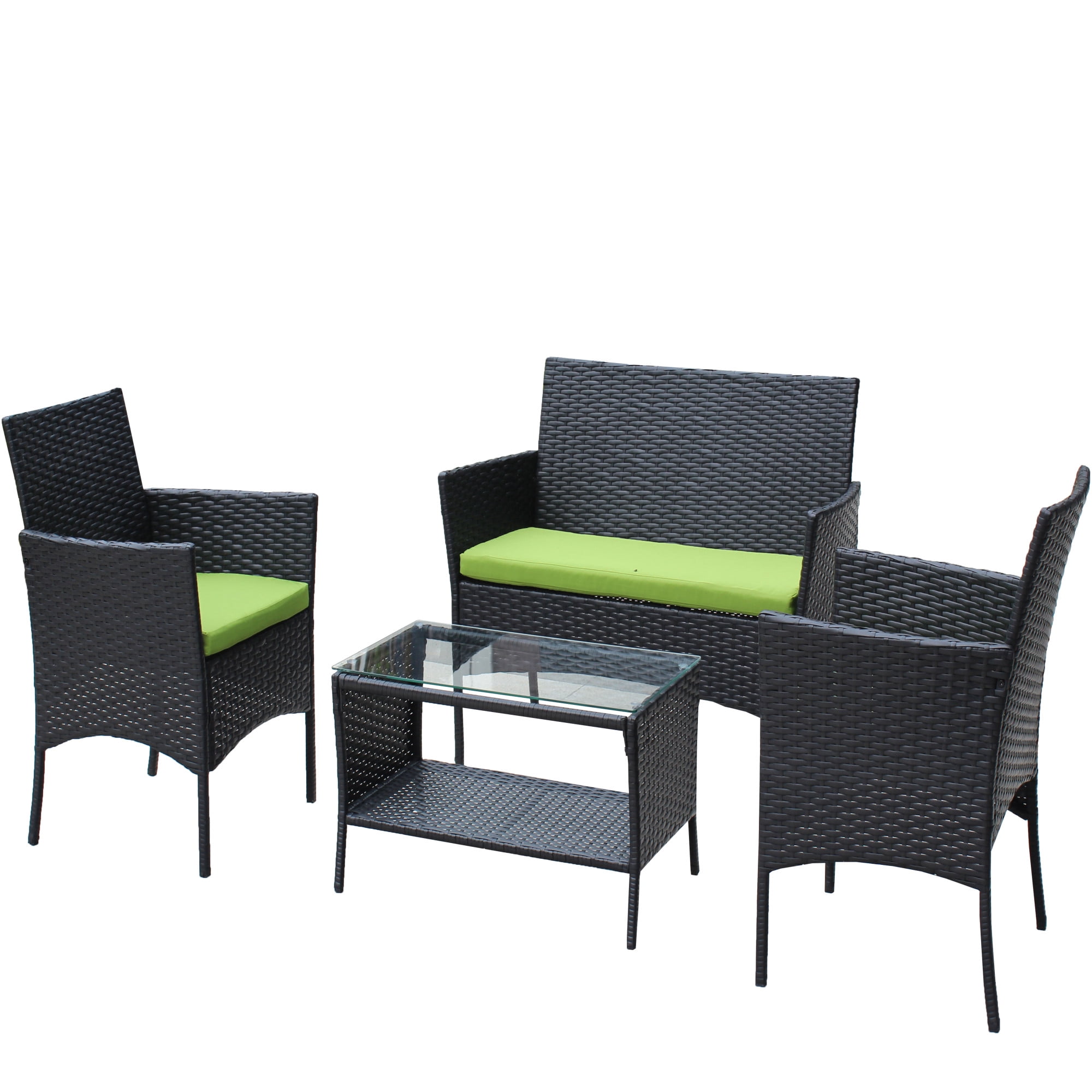 Leumius 4 Pieces Patio Furniture Set,Outdoor Conversation Wicker Rattan Sofa Set with Cushion and Glass Table,All-Weather Outdoor Tble and Chairs for Backyard Porch Garden Poolside Balcony,Green