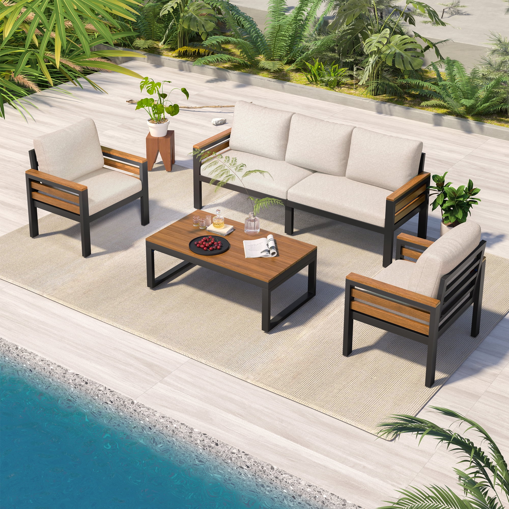Leumius 4 Pieces Patio Furniture Set,Outdoor Patio Conversation Set with Removable Cushion and Solid Wood Coffee Table for Poolside, Backyard,Garden,Beige