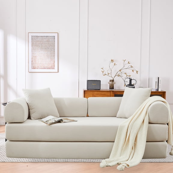 Leumius 4‑in‑1 Futon Sofa Bed,Modular Corduroy Sofa Couch with Fixed-Shape Frame & Removable Armrests,Folding Mattress Couch for Living Room, Office, Apartment,Beige