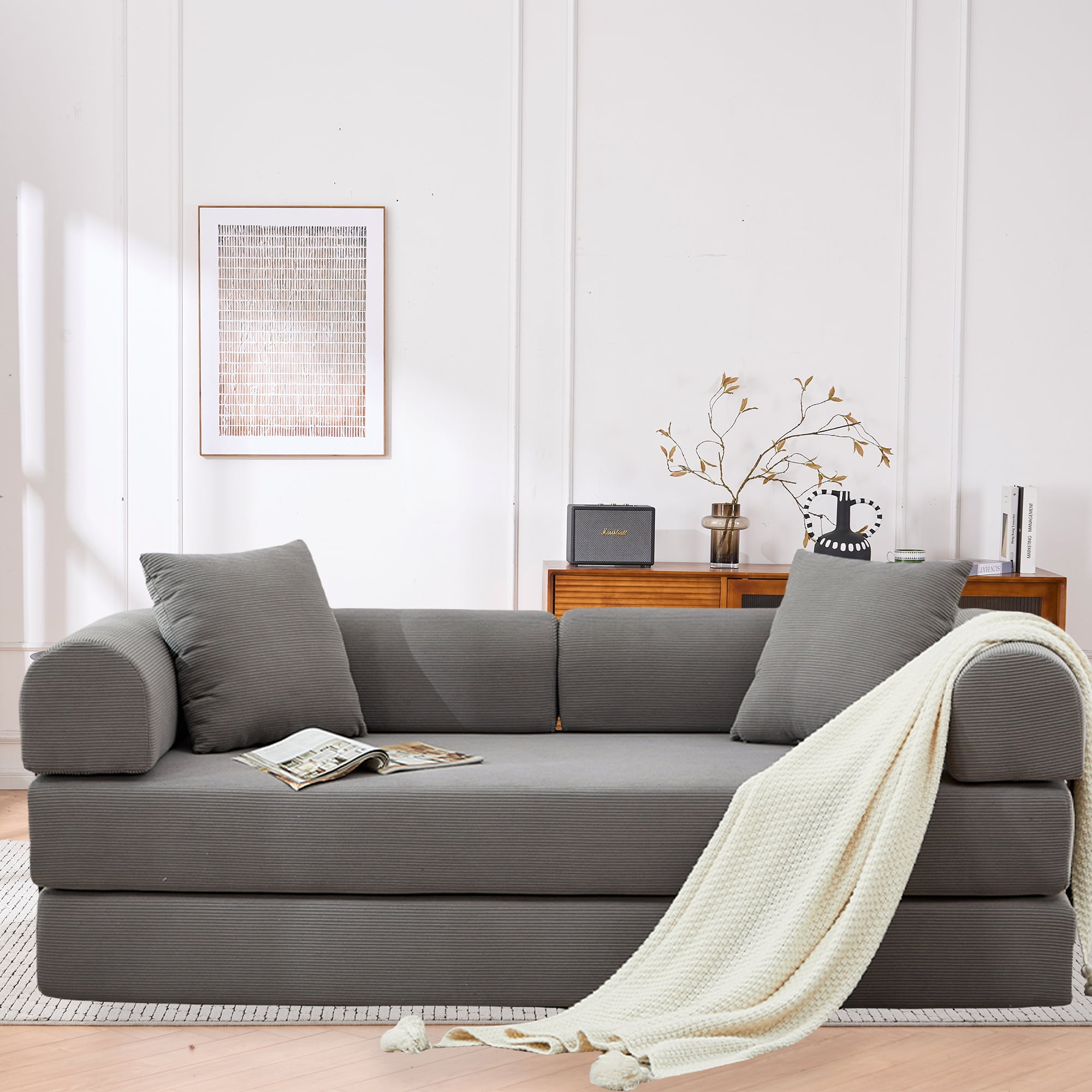 Leumius 4‑in‑1 Futon Sofa Bed,Modular Corduroy Sofa Couch with Fixed-Shape Frame & Removable Armrests,Folding Mattress Couch for Living Room, Office, Apartment,Gray
