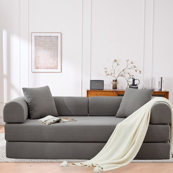 Leumius 4‑in‑1 Futon Sofa Bed,Modular Corduroy Sofa Couch with Fixed-Shape Frame & Removable Armrests,Folding Mattress Couch for Living Room, Office, Apartment,Gray