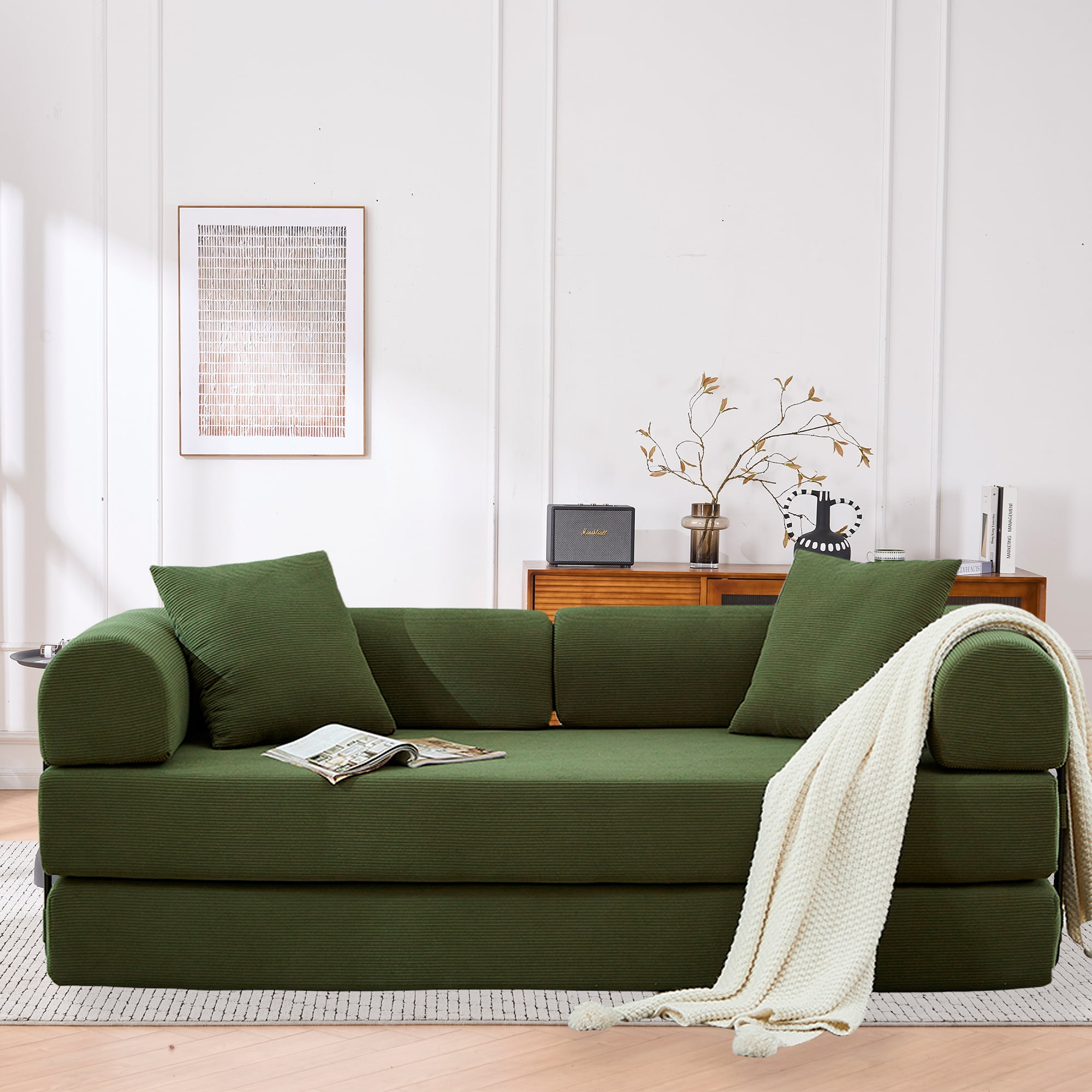 Leumius 4‑in‑1 Futon Sofa Bed,Modular Corduroy Sofa Couch with Fixed-Shape Frame & Removable Armrests,Folding Mattress Couch for Living Room, Office, Apartment,Green