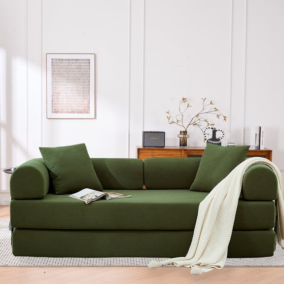 Leumius 4‑in‑1 Futon Sofa Bed,Modular Corduroy Sofa Couch with Fixed-Shape Frame & Removable Armrests,Folding Mattress Couch for Living Room, Office, Apartment,Green