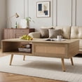 thumbnail image 1 of Leumius 41.3 Inch Rattan Coffee Table with Sliding Storage Door, Rectangle Wooden Accent Center Sofa Table with Solid Wood Legs,Suitable for Living Room,Natural, 1 of 11