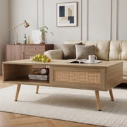 Leumius 41.3 Inch Rattan Coffee Table with Sliding Storage Door, Rectangle Wooden Accent Center Sofa Table with Solid Wood Legs,Suitable for Living Room,Natural