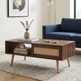 thumbnail image 1 of Leumius 41.3 Inch Rattan Coffee Table with Sliding Storage Door, Rectangle Wooden Accent Center Sofa Table with Solid Wood Legs,Suitable for Living Room,Walnut, 1 of 11